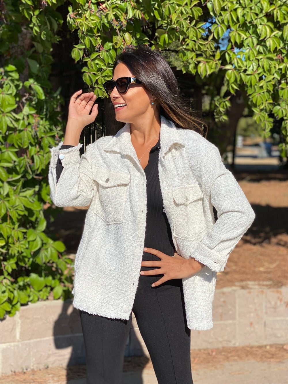 Ekru Çift Cepli Şönil Gabardin Kadın Gömlek