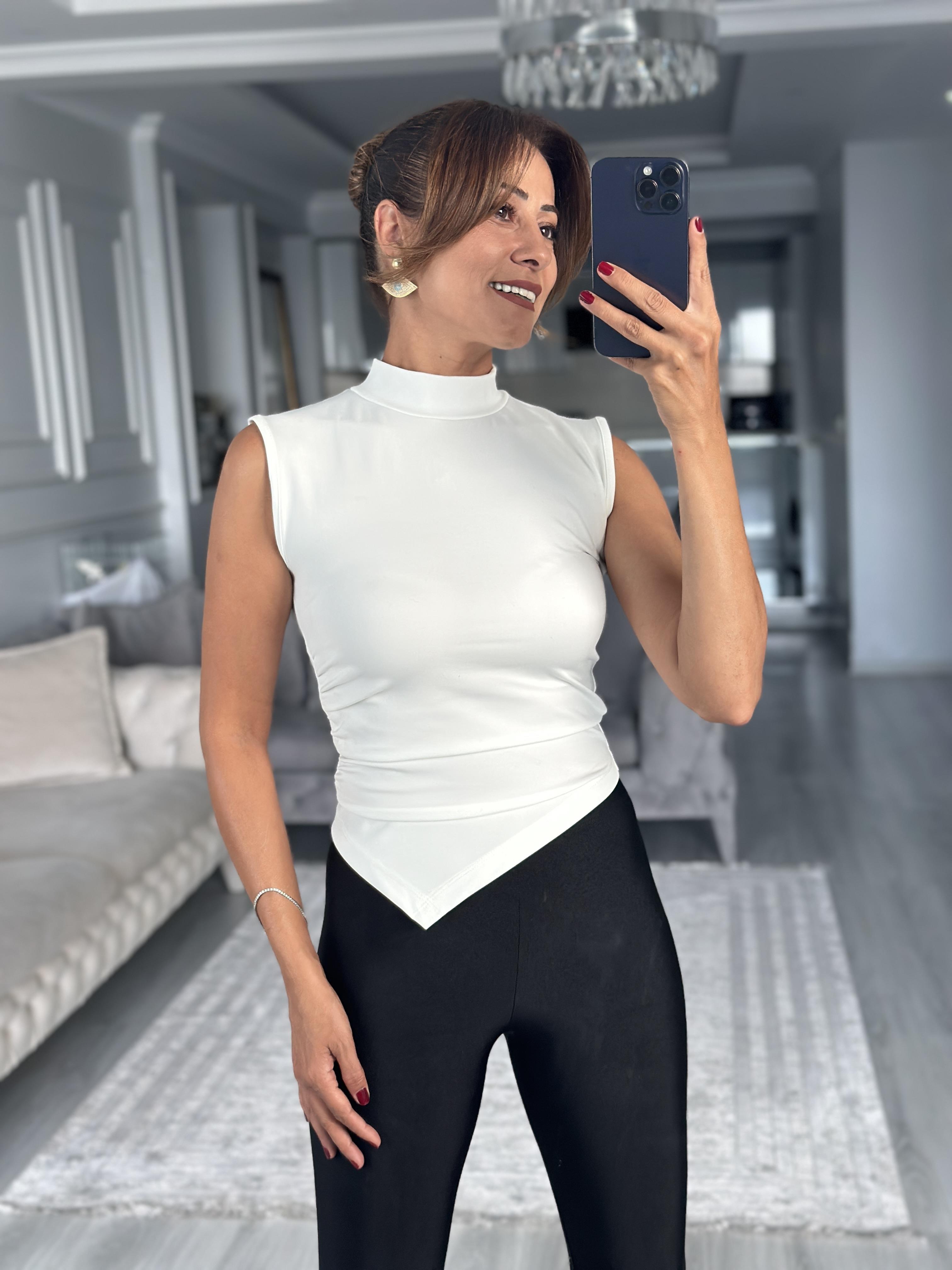 Beyaz Dik Yaka Sıfır Kol Eteği Asimetrik Kadın Bluz