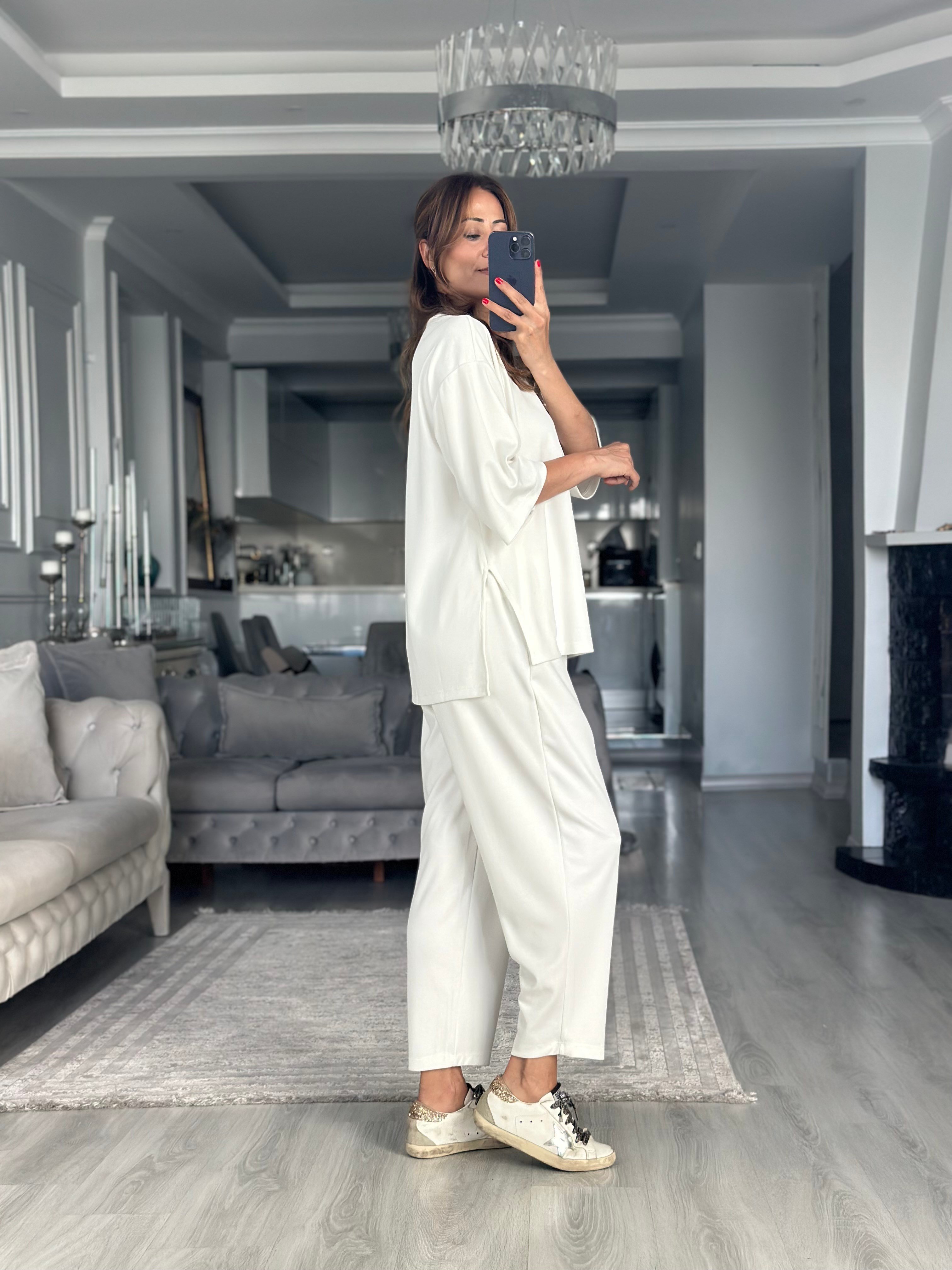 Beyaz Fakir Kol Yırtmaçlı Oversize Modal Kadın İkili Takım