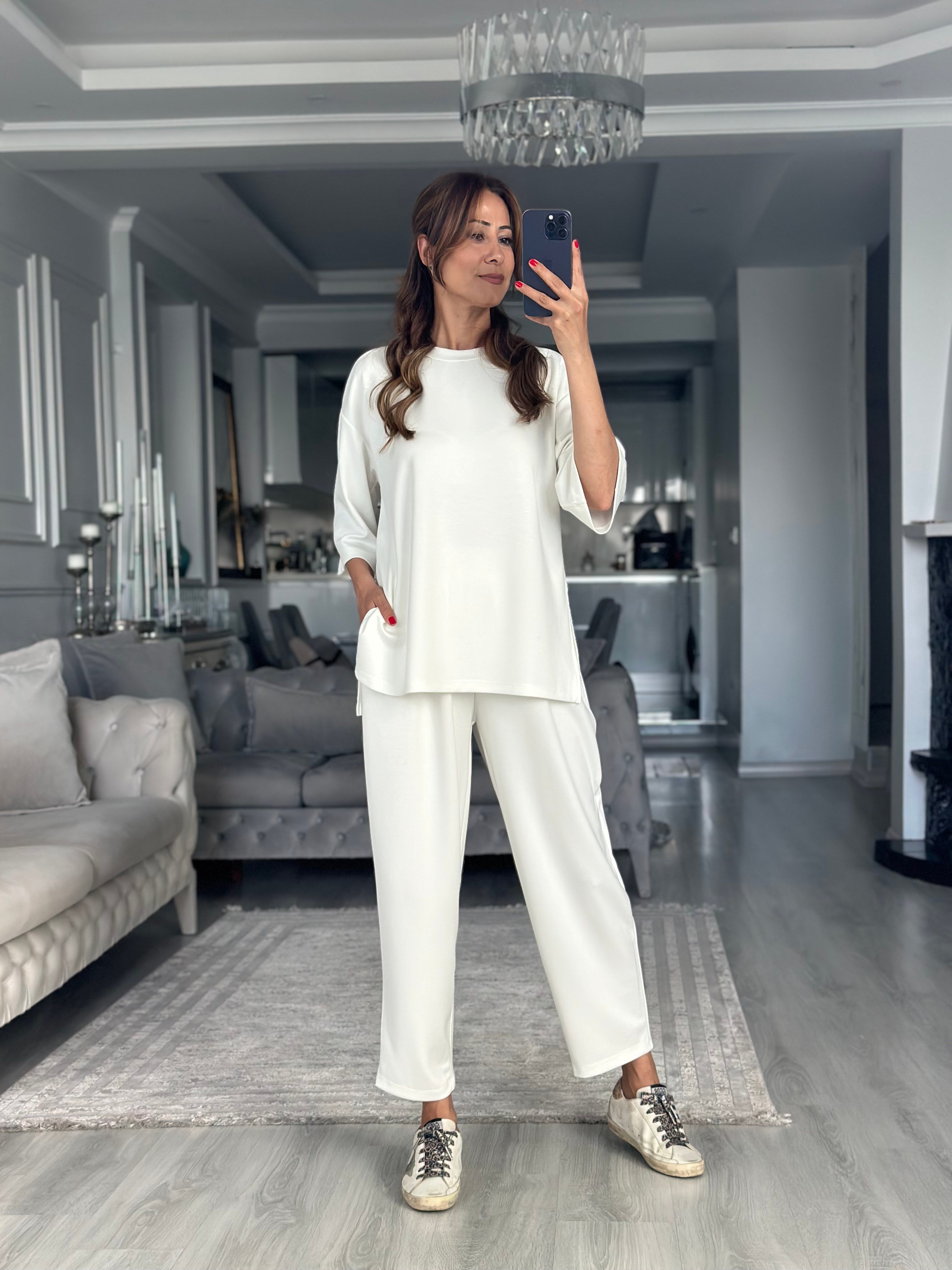 Beyaz Fakir Kol Yırtmaçlı Oversize Modal Kadın İkili Takım