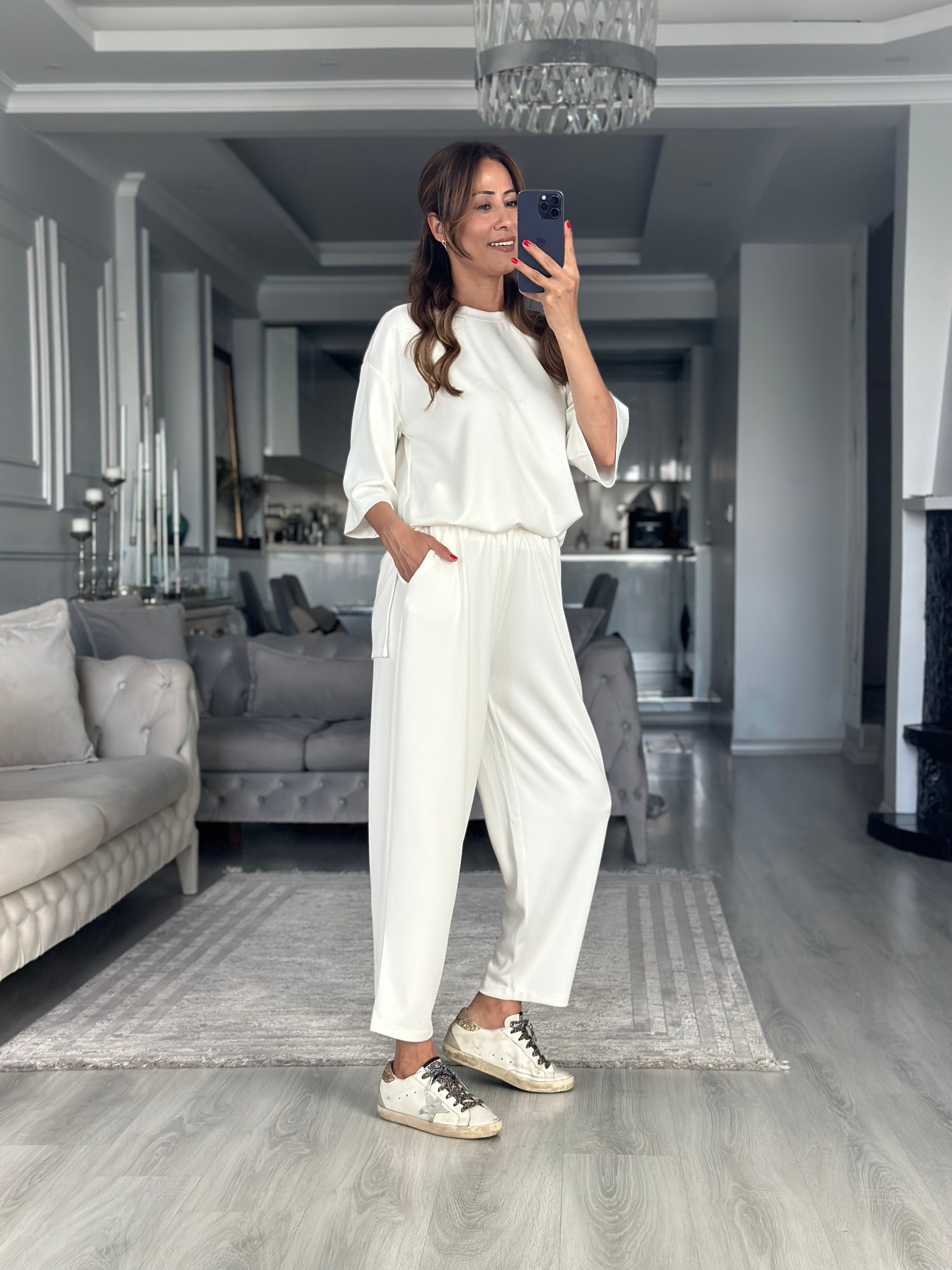 Beyaz Fakir Kol Yırtmaçlı Oversize Modal Kadın İkili Takım