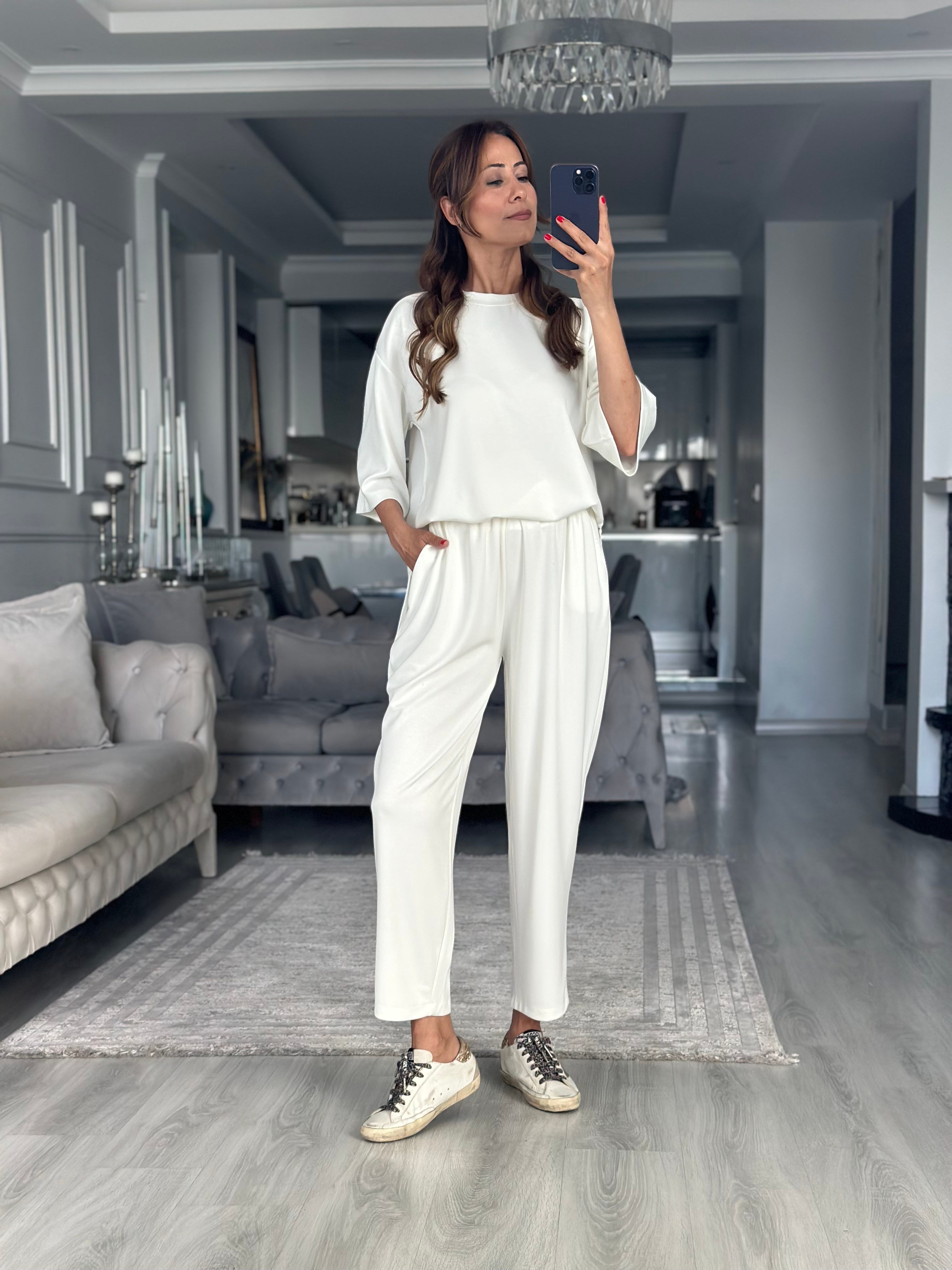 Beyaz Fakir Kol Yırtmaçlı Oversize Modal Kadın İkili Takım