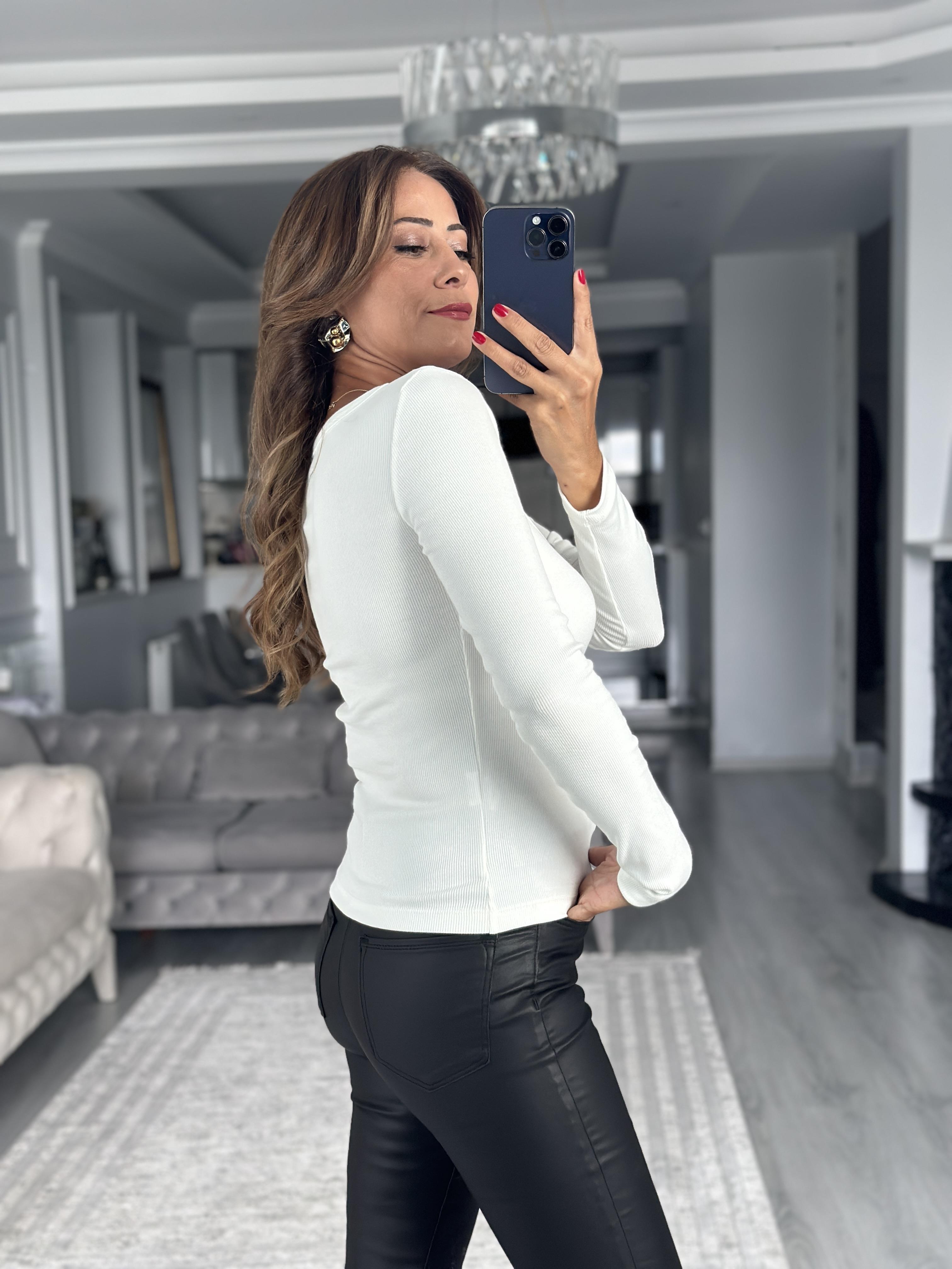 Beyaz Fitilli Kaşkorse Uzun Kol U Yaka Kadın Body