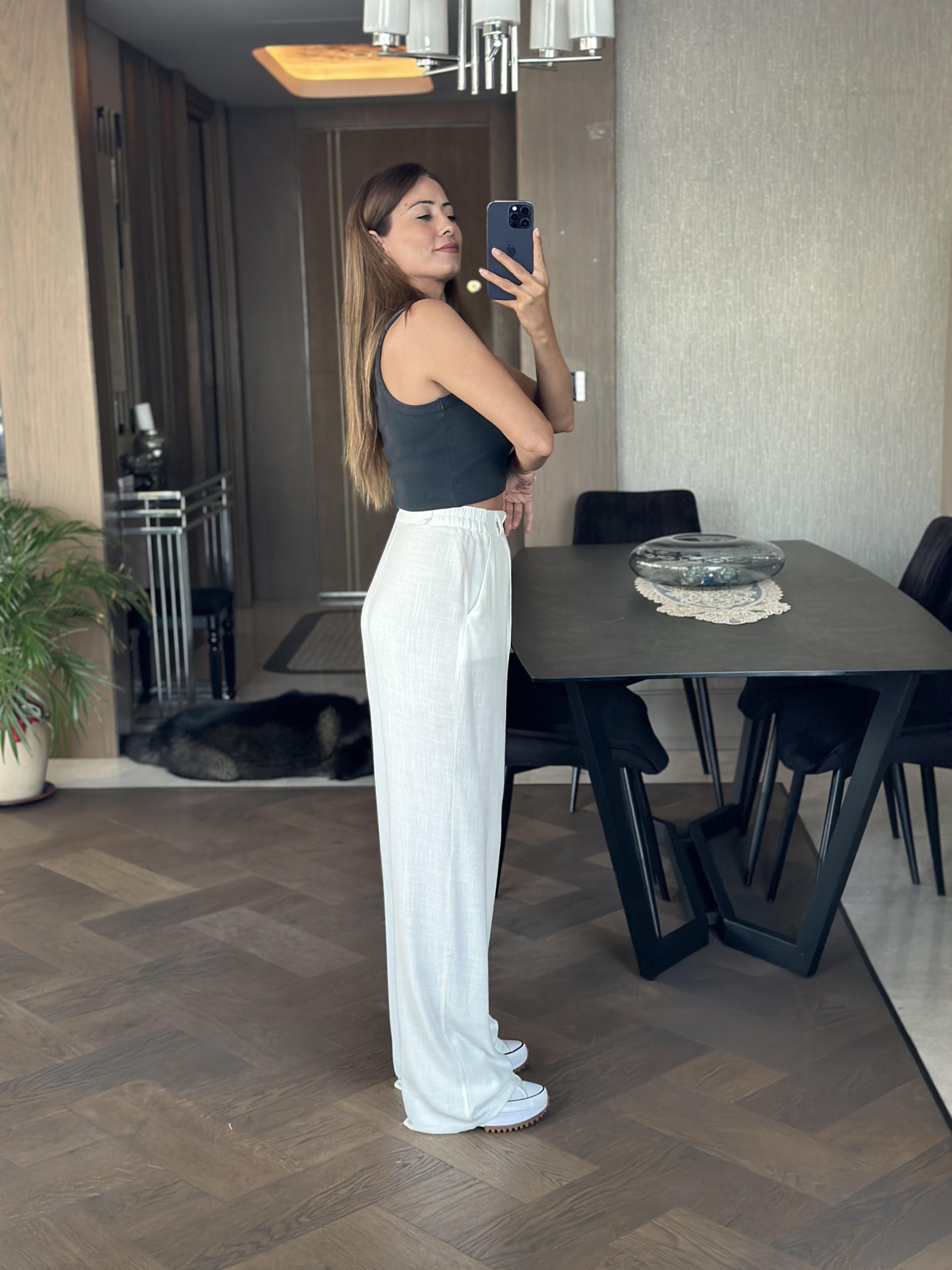 Beyaz Ham Keten Orjinal Marka Yan Beli Lastikli Kadın Pantolon