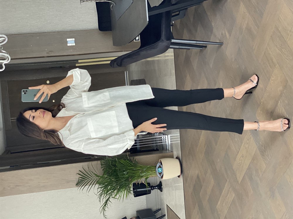 Beyaz İki Cepli Oversize Keten Gömlek