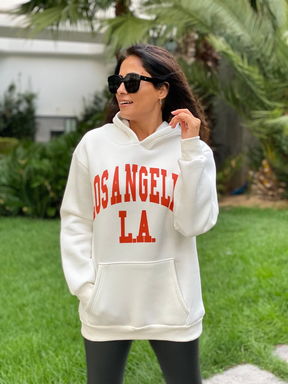Beyaz Kapüşonlu Los Angeles Baskılı Kadın Sweatshirt