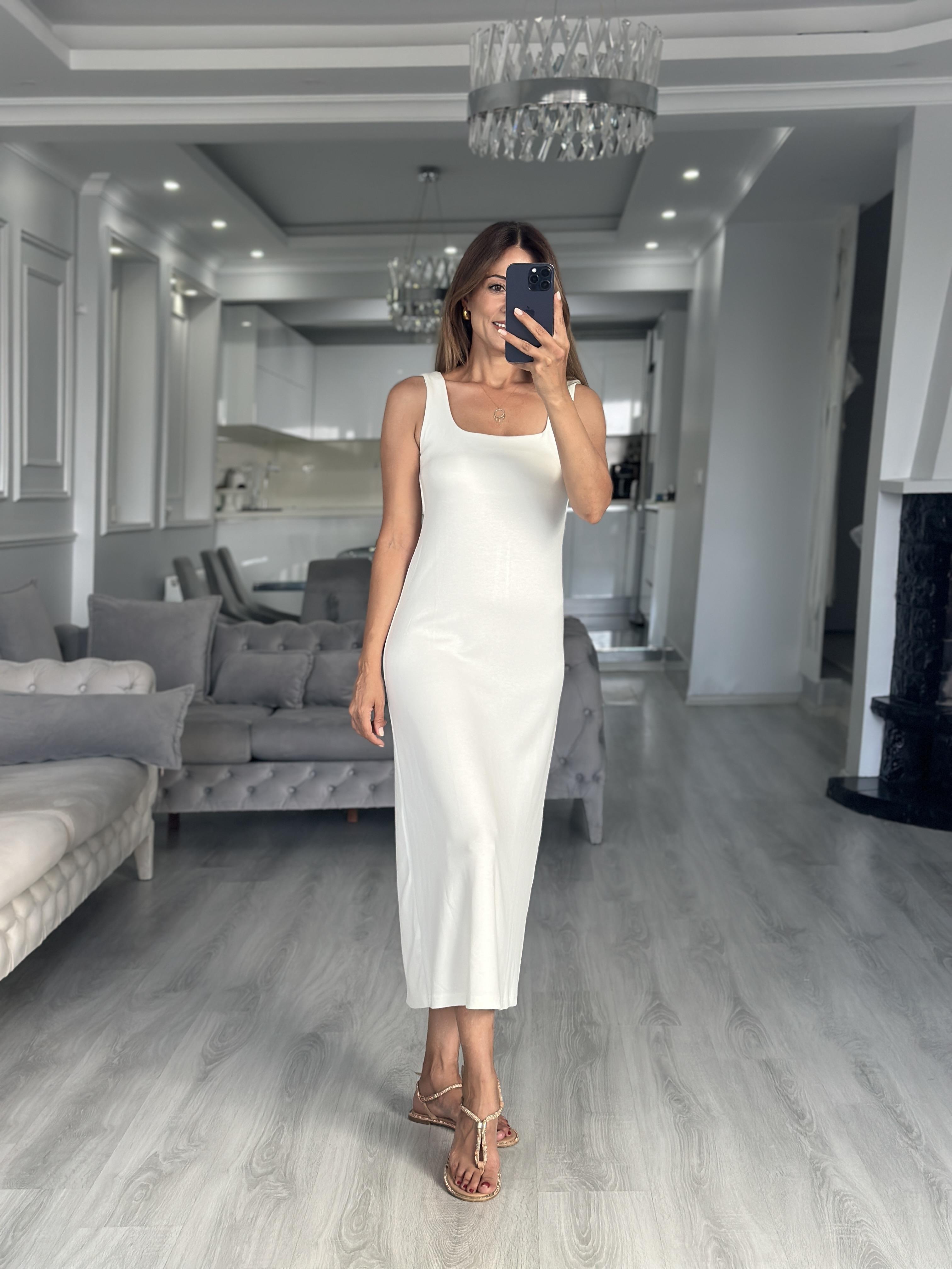 Beyaz Kare Yaka Düz Basic Midi Boy Kadın Elbise 