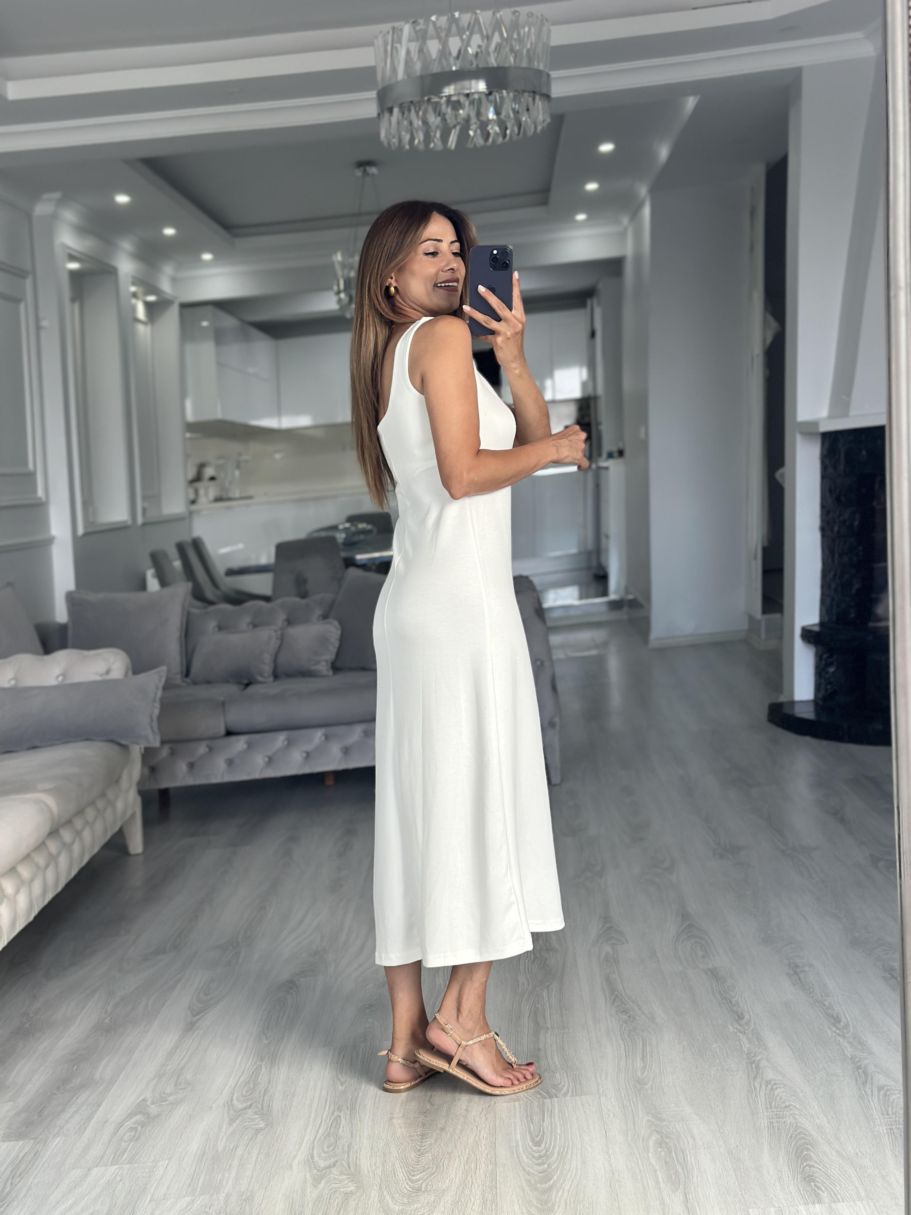 Beyaz Kare Yaka Düz Basic Midi Boy Kadın Elbise 