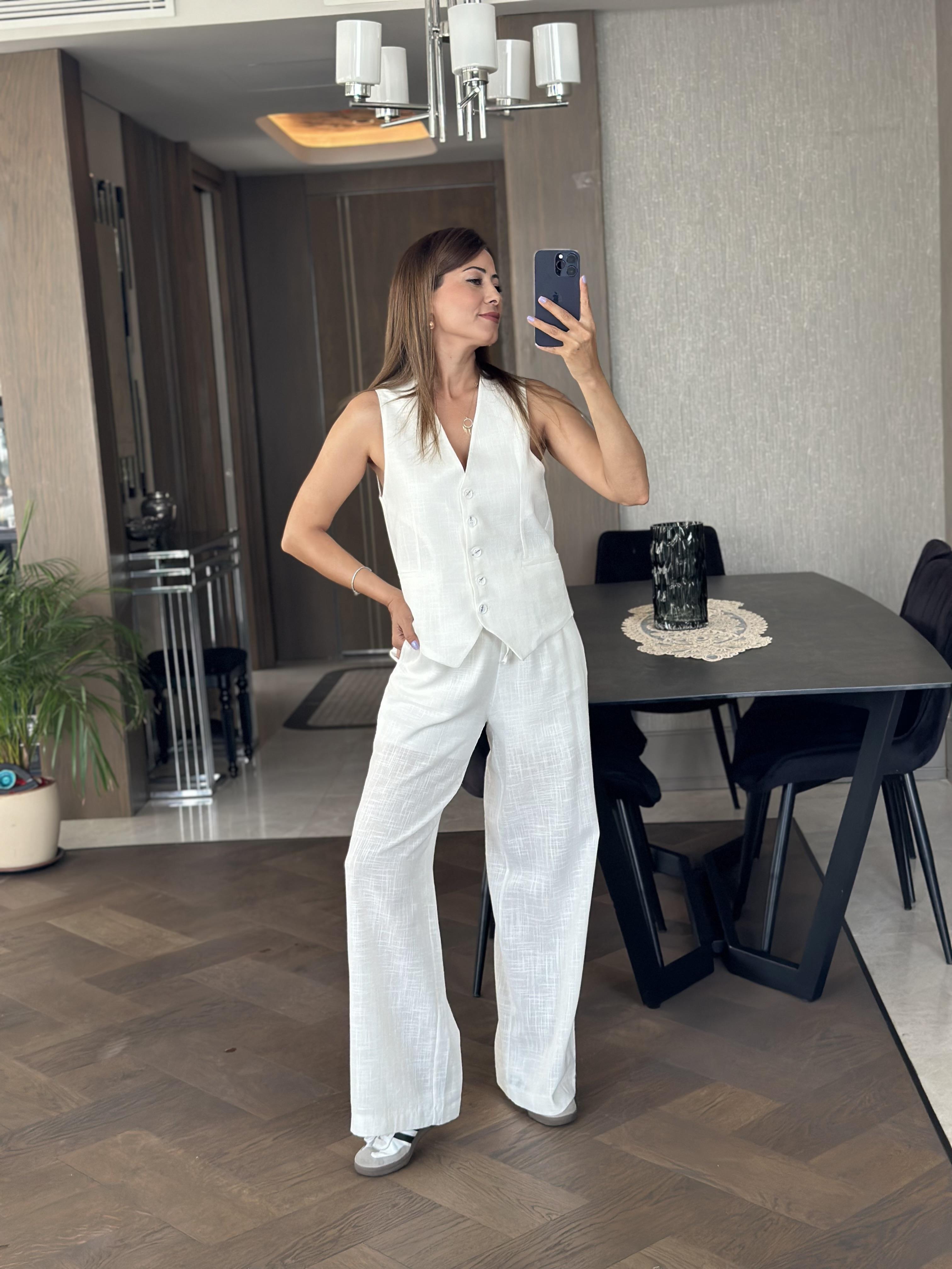 Beyaz Keten Düğmeli Yelek Pantolon Kadın Alt Üst Takım