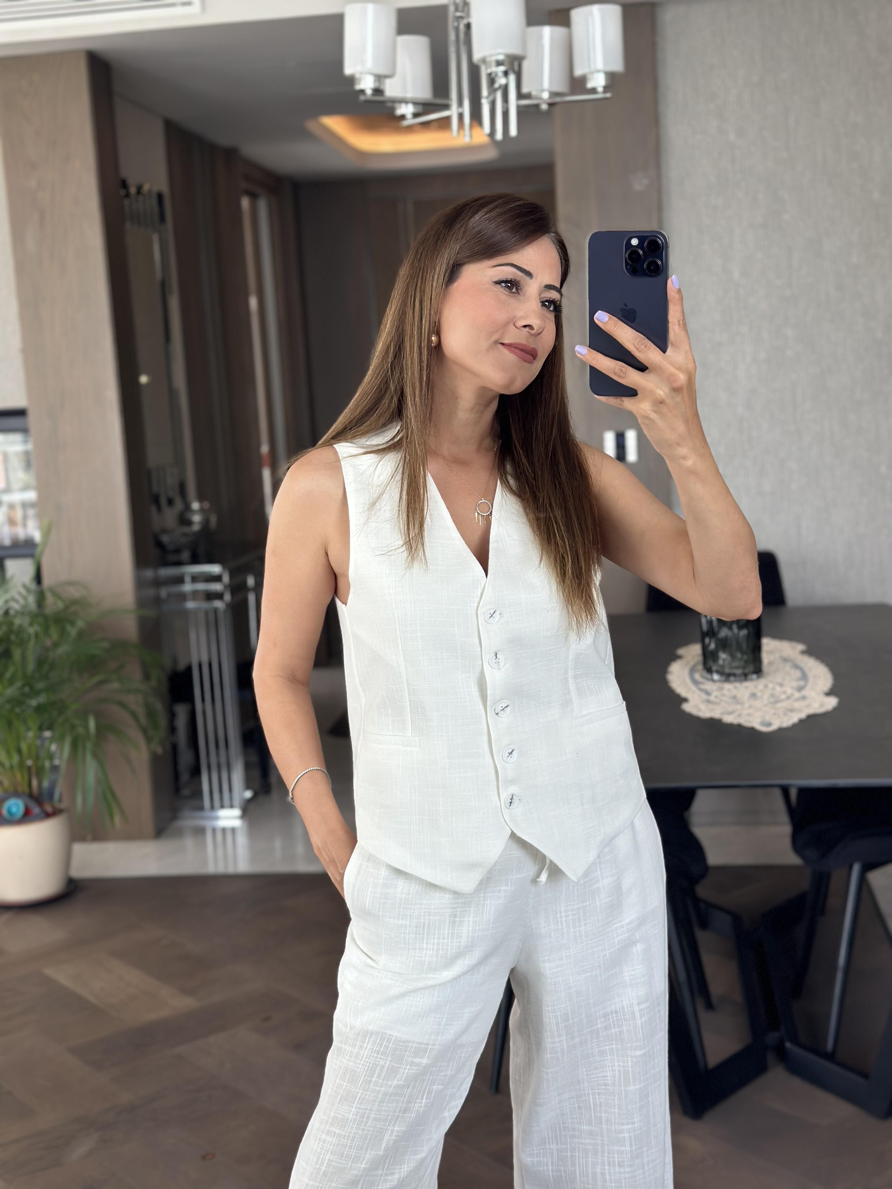 Beyaz Keten Düğmeli Yelek Pantolon Kadın Alt Üst Takım