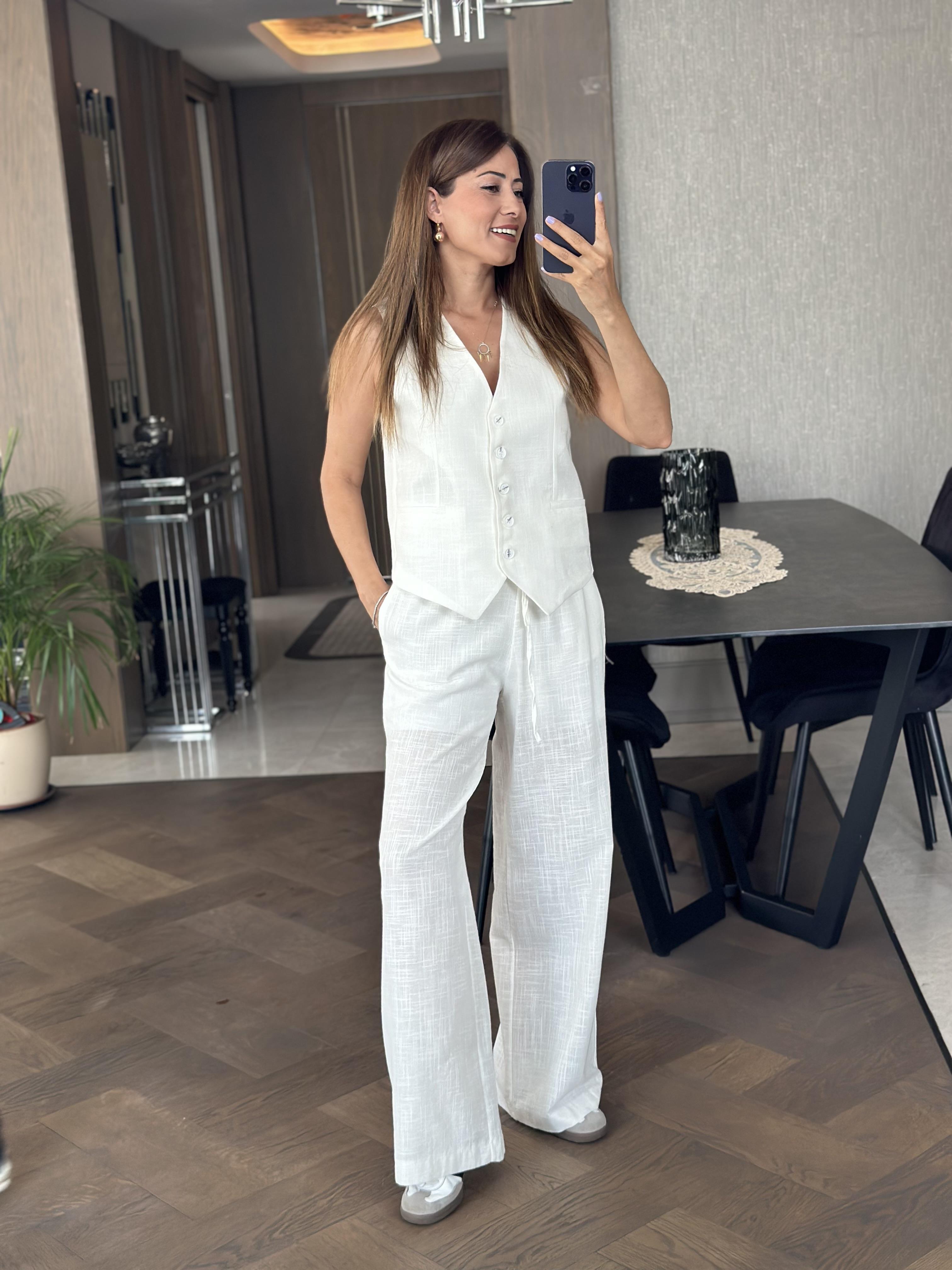 Beyaz Keten Düğmeli Yelek Pantolon Kadın Alt Üst Takım