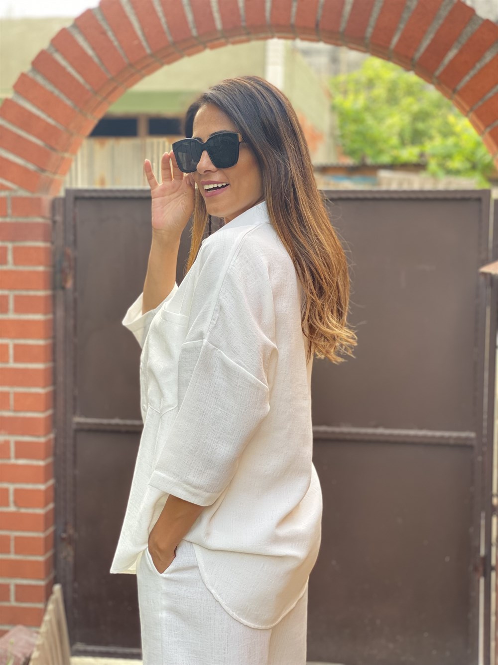 Beyaz Keten İkili Kadın Takım