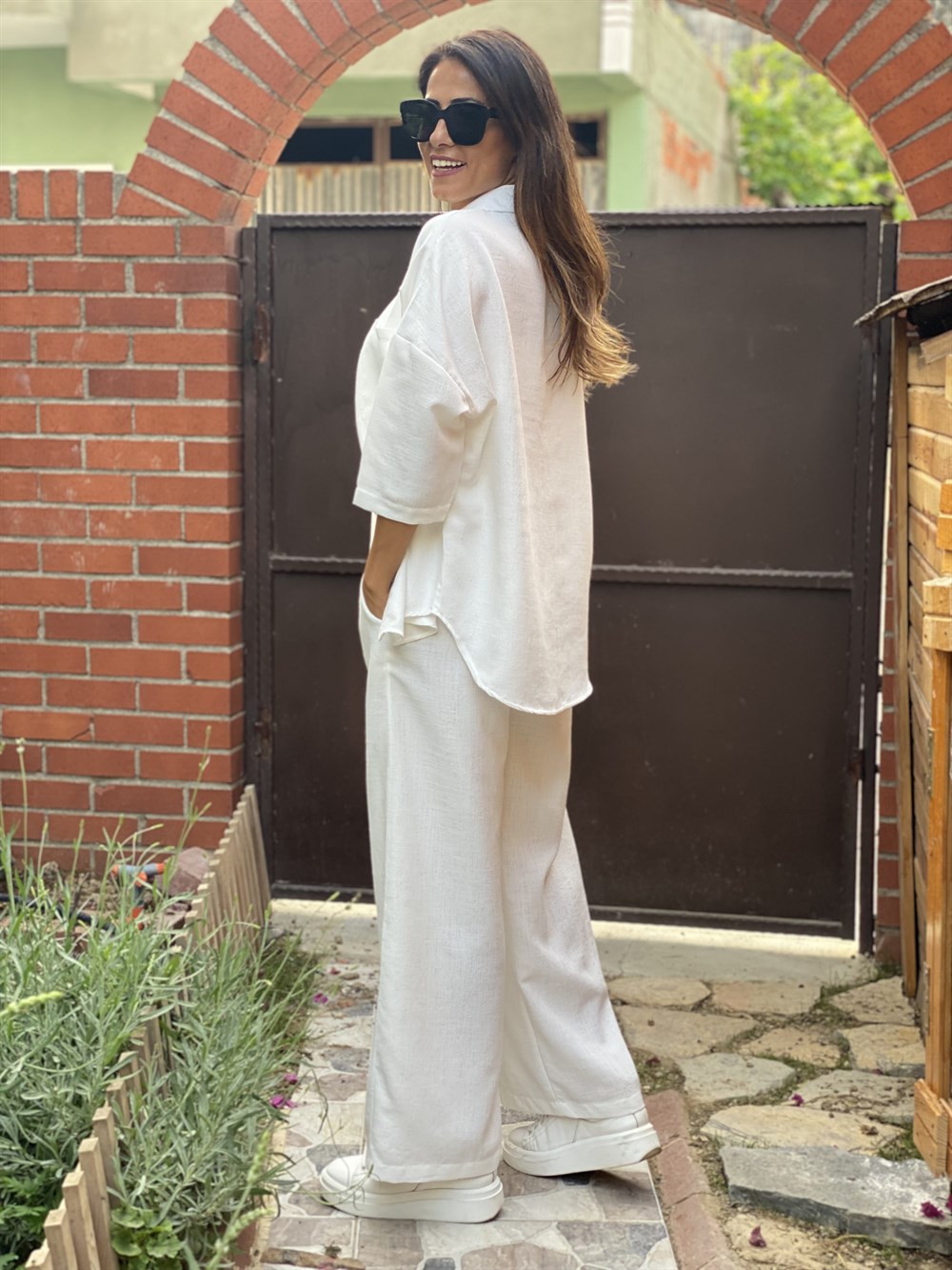 Beyaz Keten İkili Kadın Takım