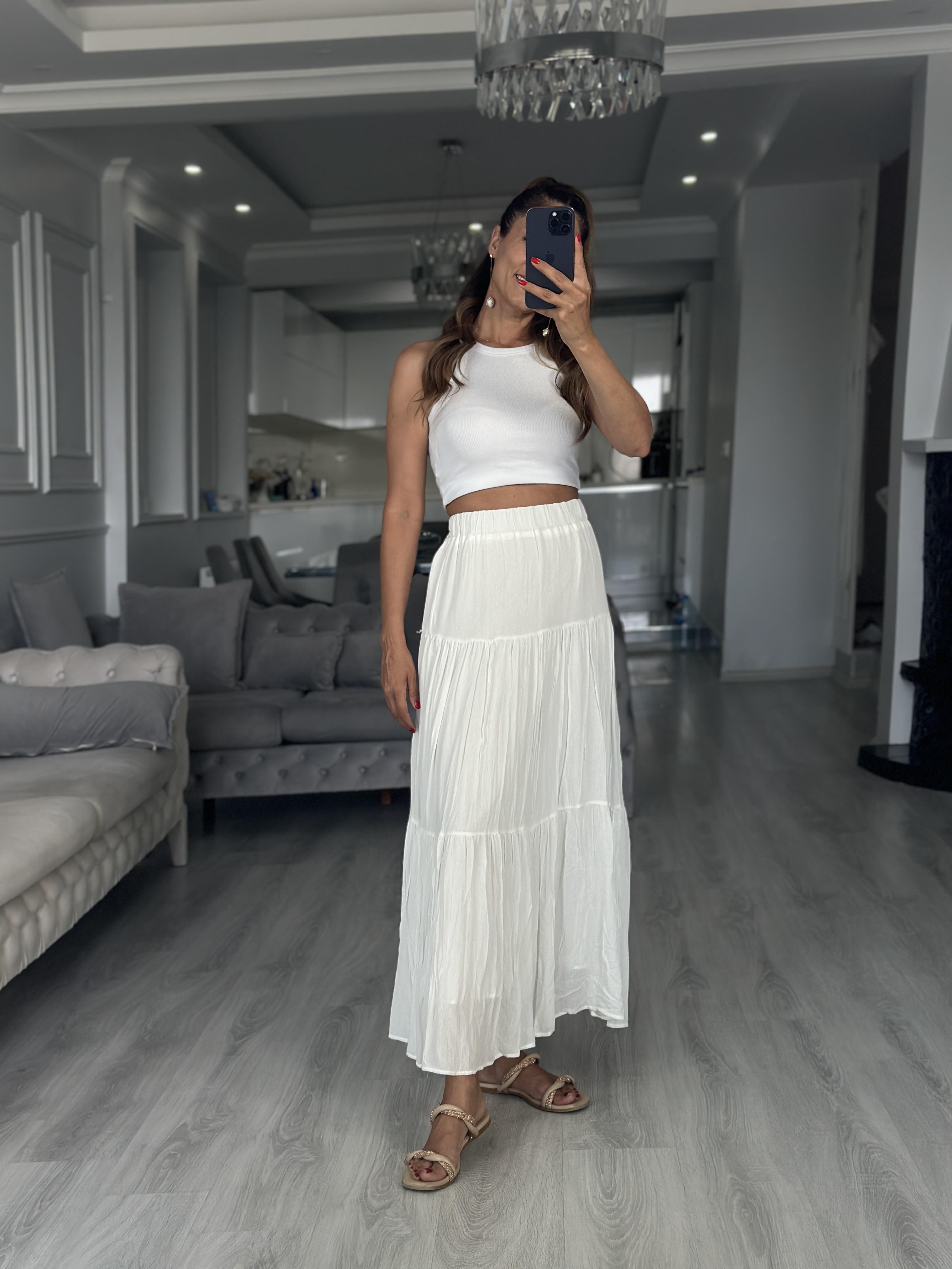 Beyaz Krinkıl Beli Lastikli Kadın Midi Boy Etek