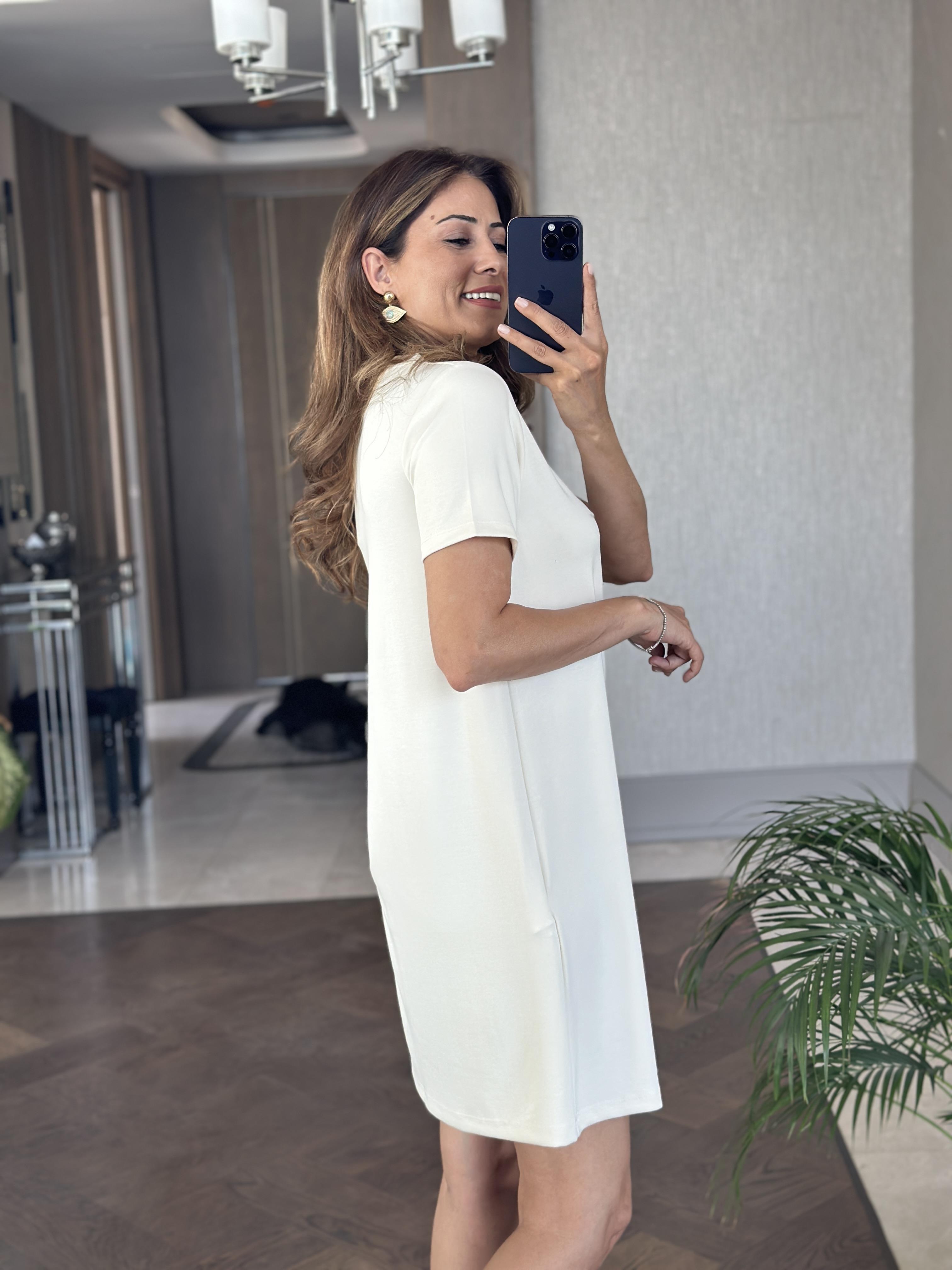 Ekru Önü Dikişli Kısa Kol Modal Kadın Mini Elbise