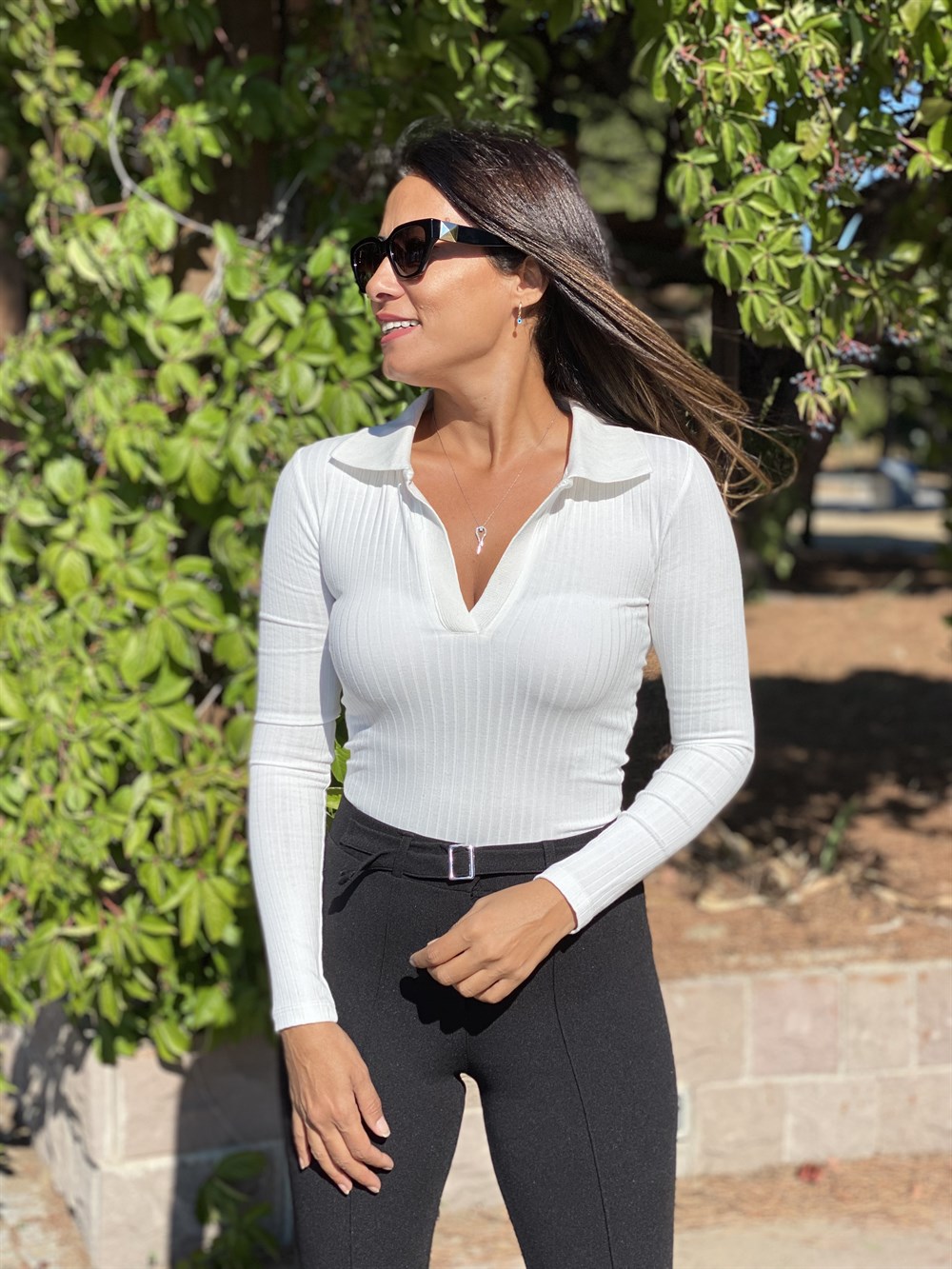 Beyaz Polo Yaka Uzun Kol Fitilli Kaşkorse Kadın Body