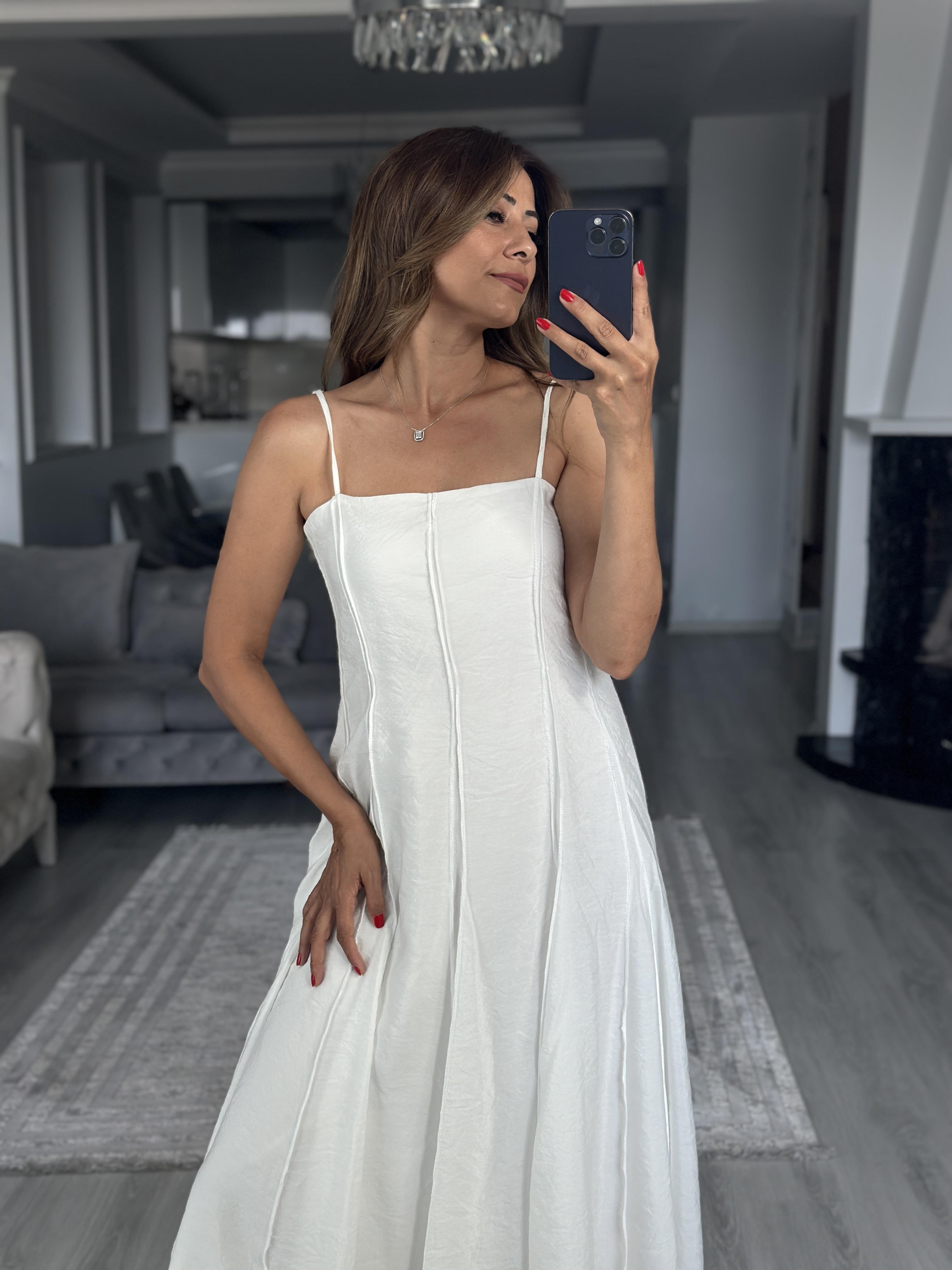 Beyaz Straplez Yaka İnce Askılı Midi Boy Kadın Elbise