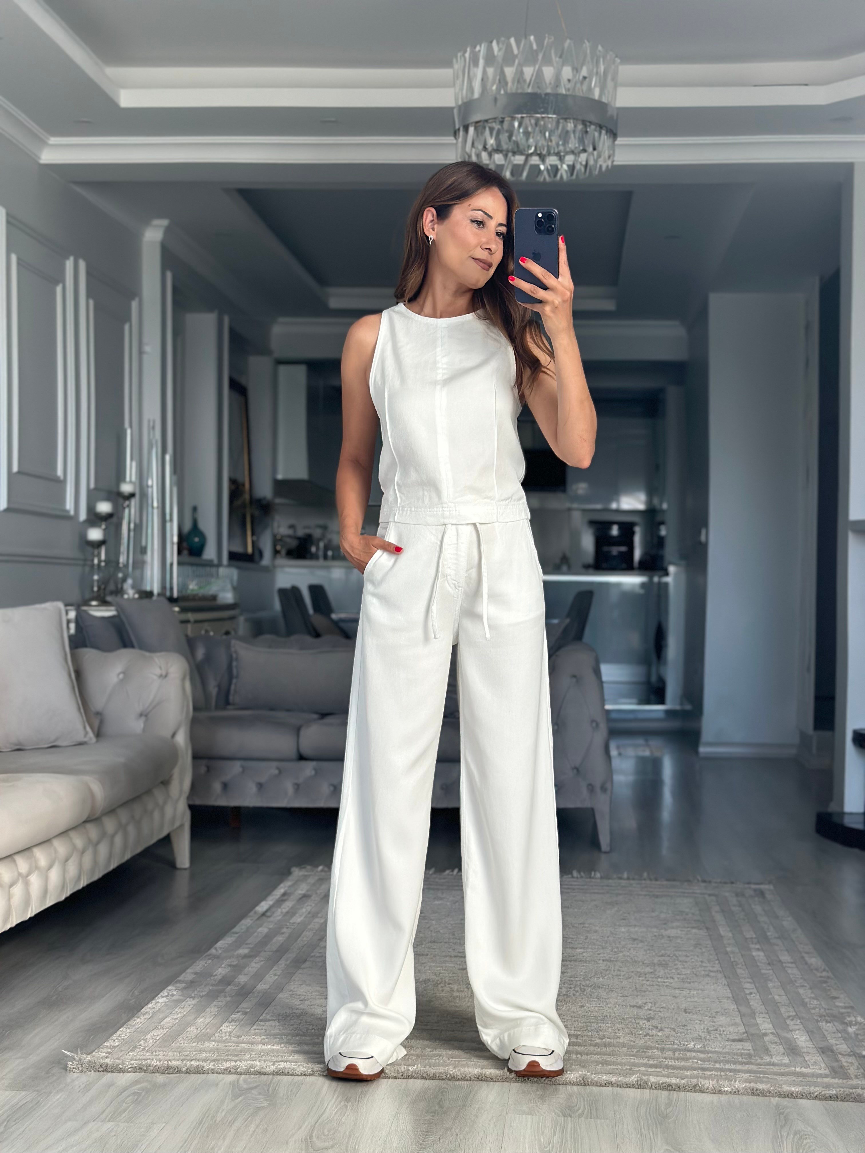 Beyaz Tensel Denim Kolsuz Bluz Pantolon Kadın İkili Takım