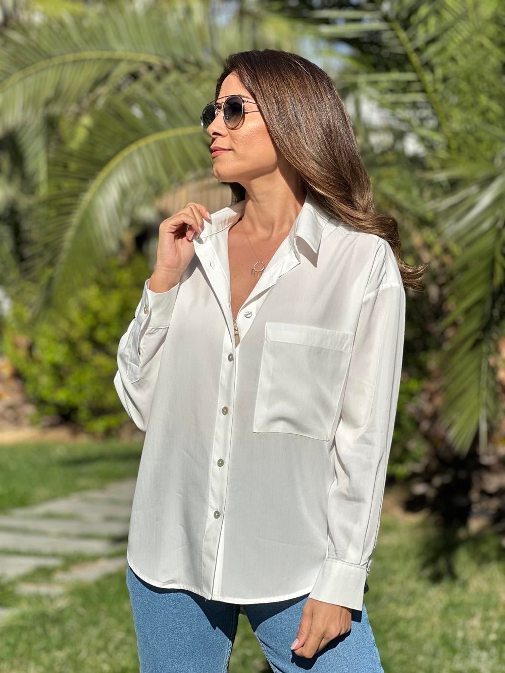 Beyaz Tensel Kadın Gömlek