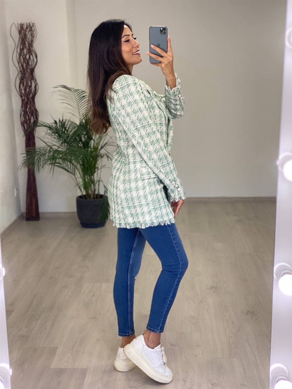 Yeşil Beyaz Desen Eteği Püsküllü Tüvit Kadın Ceket