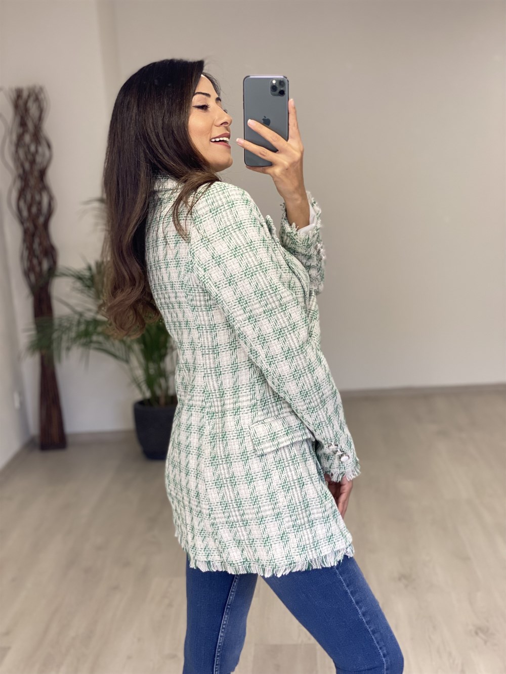 Yeşil Beyaz Desen Eteği Püsküllü Tüvit Kadın Ceket