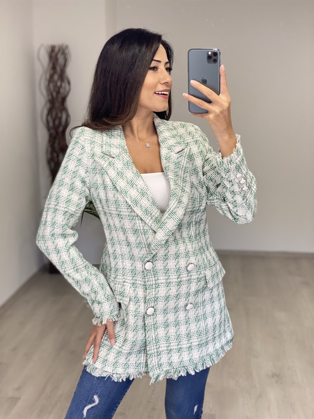 Yeşil Beyaz Desen Eteği Püsküllü Tüvit Kadın Ceket