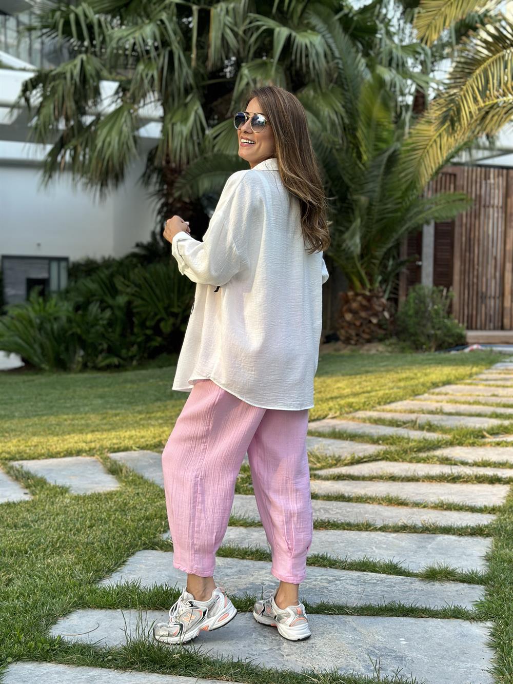 Beyaz Zebra Nakışlı Keten Aerobin Kadın Gömlek