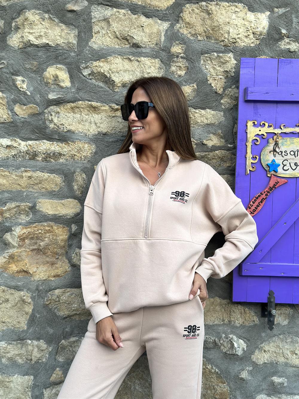 Bisküvi Yarım Fermuarlı 98 Baskılı Üç İplik Kadın Eşofman Takımı