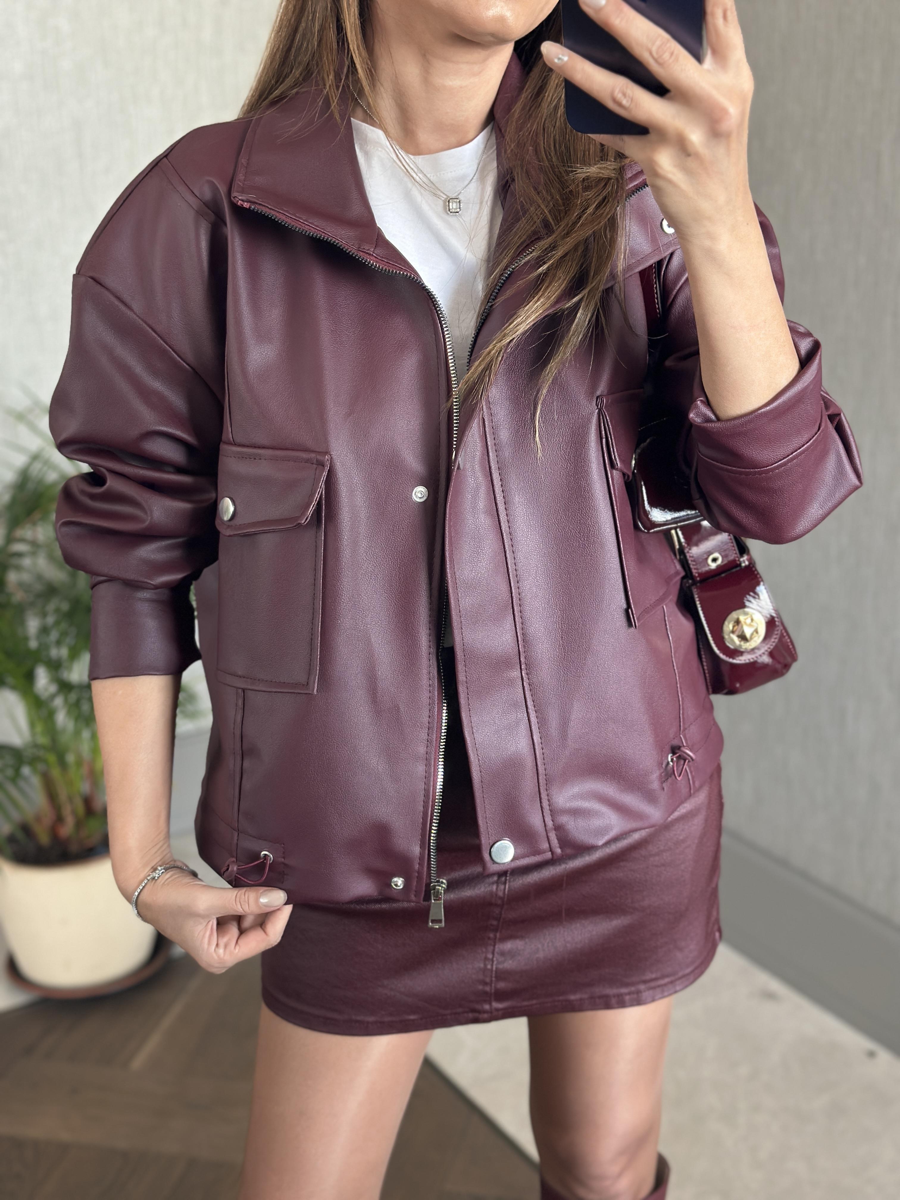 Bordo Ayarlanabilir Lastikli Fermuarlı Kadın Deri Mont