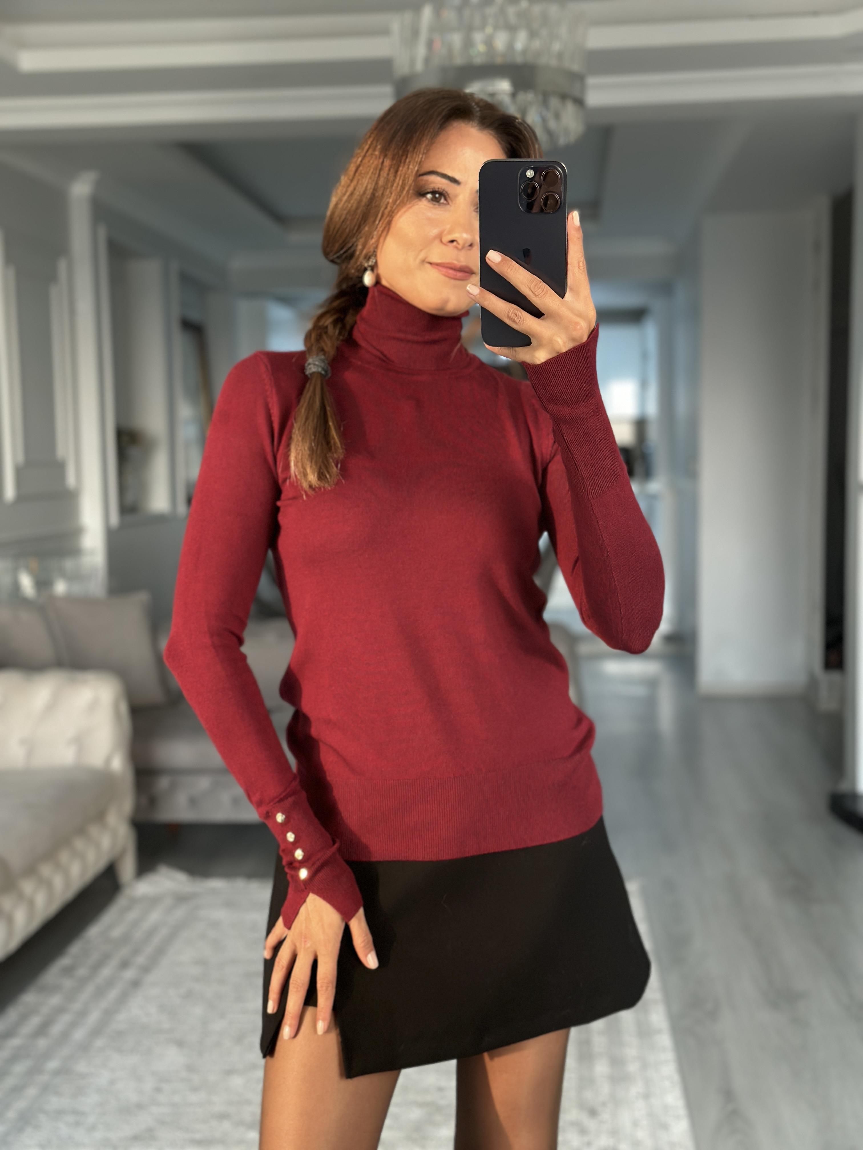Bordo Balıkçı Yaka Kolu Droplu Kadın Triko Kazak