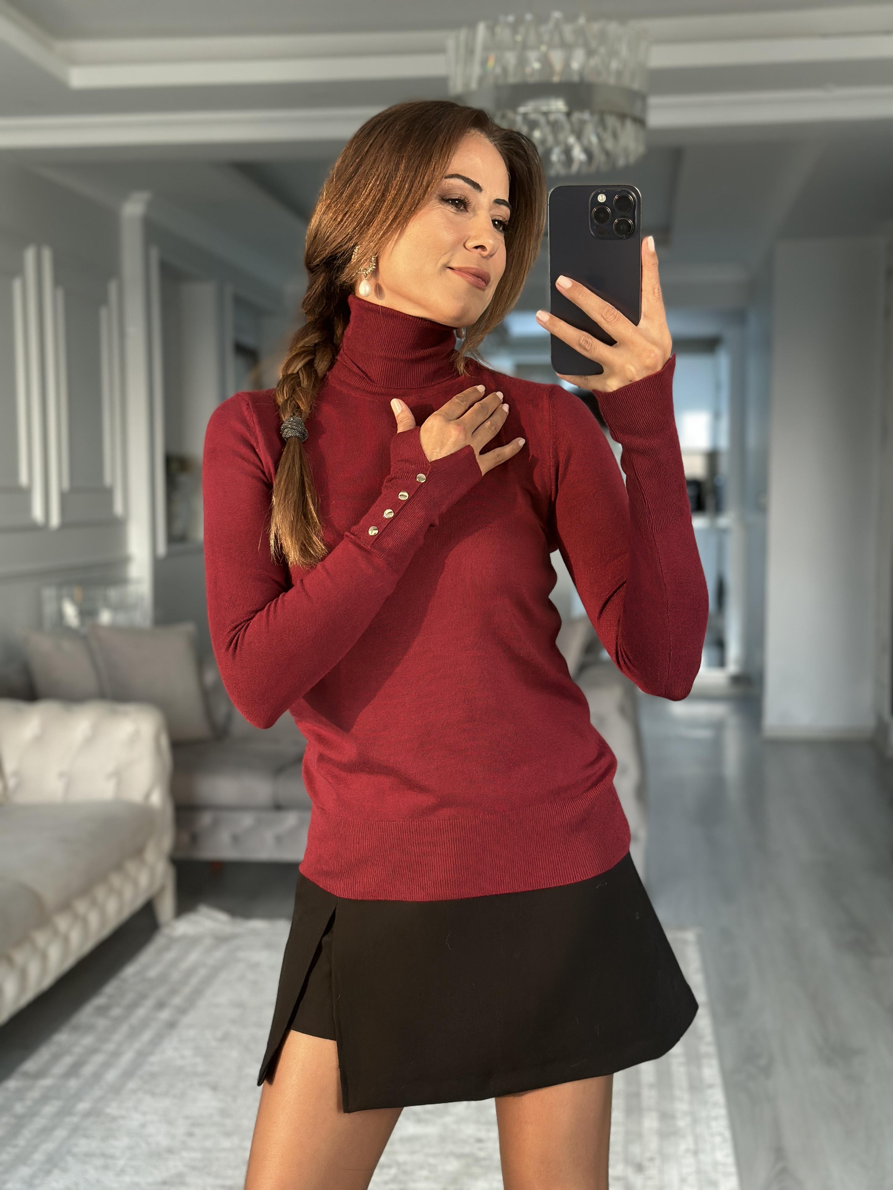 Bordo Balıkçı Yaka Kolu Droplu Kadın Triko Kazak