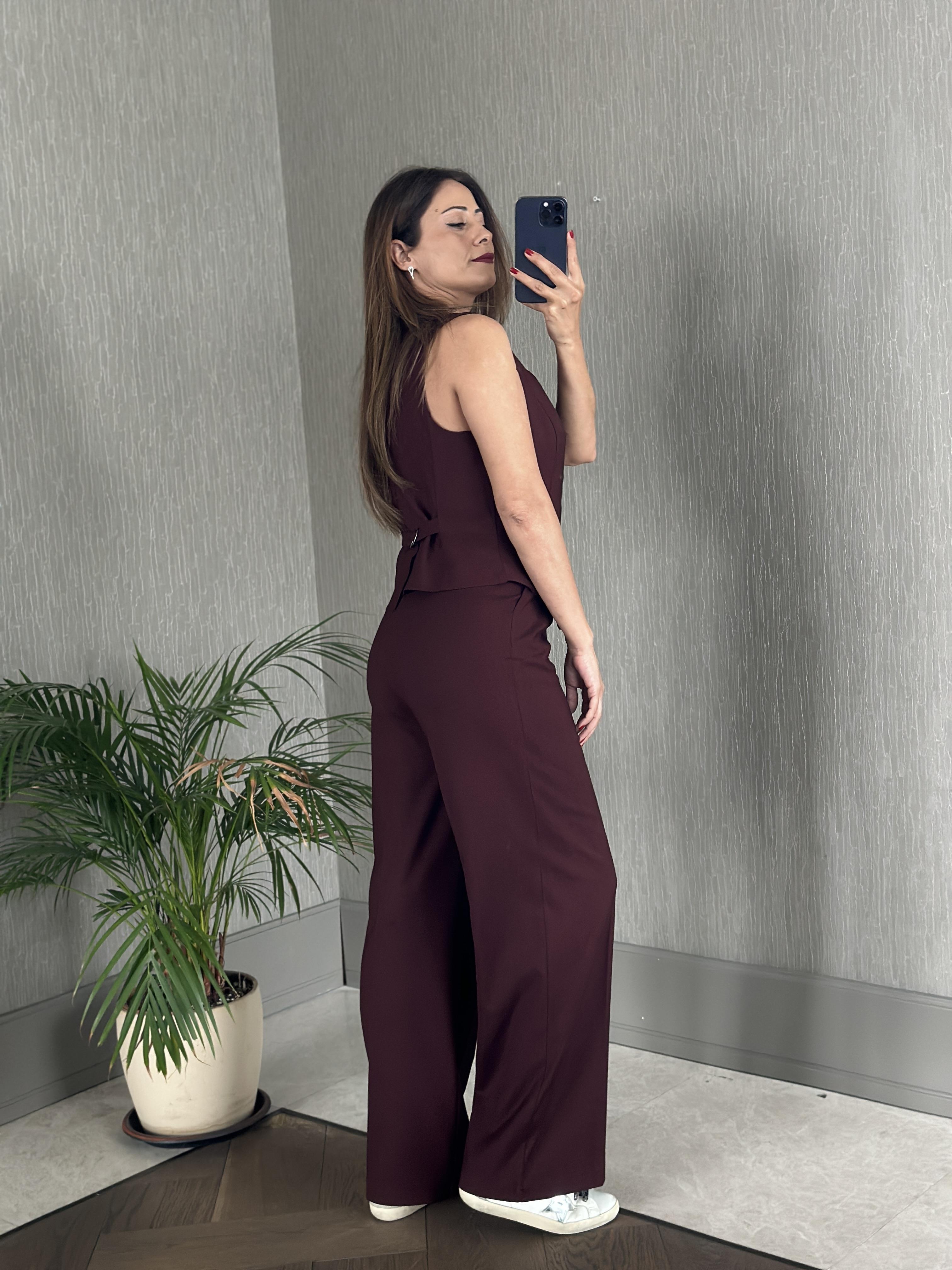 Bordo Bezayağı Yelek Pantolon Kadın Takım