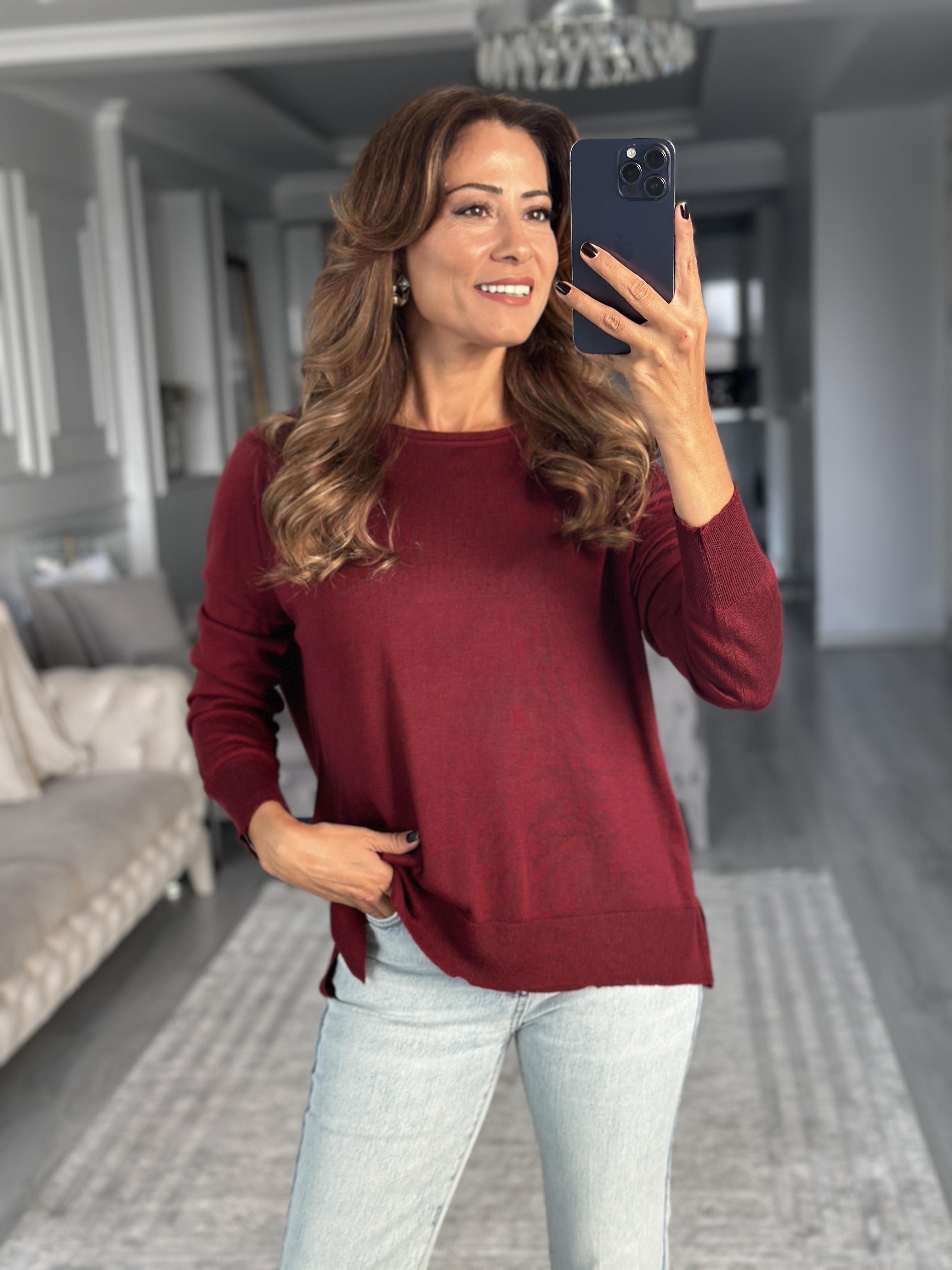 Bordo Bisiklet Yaka Basic İnce Merserize Kadın Kazak