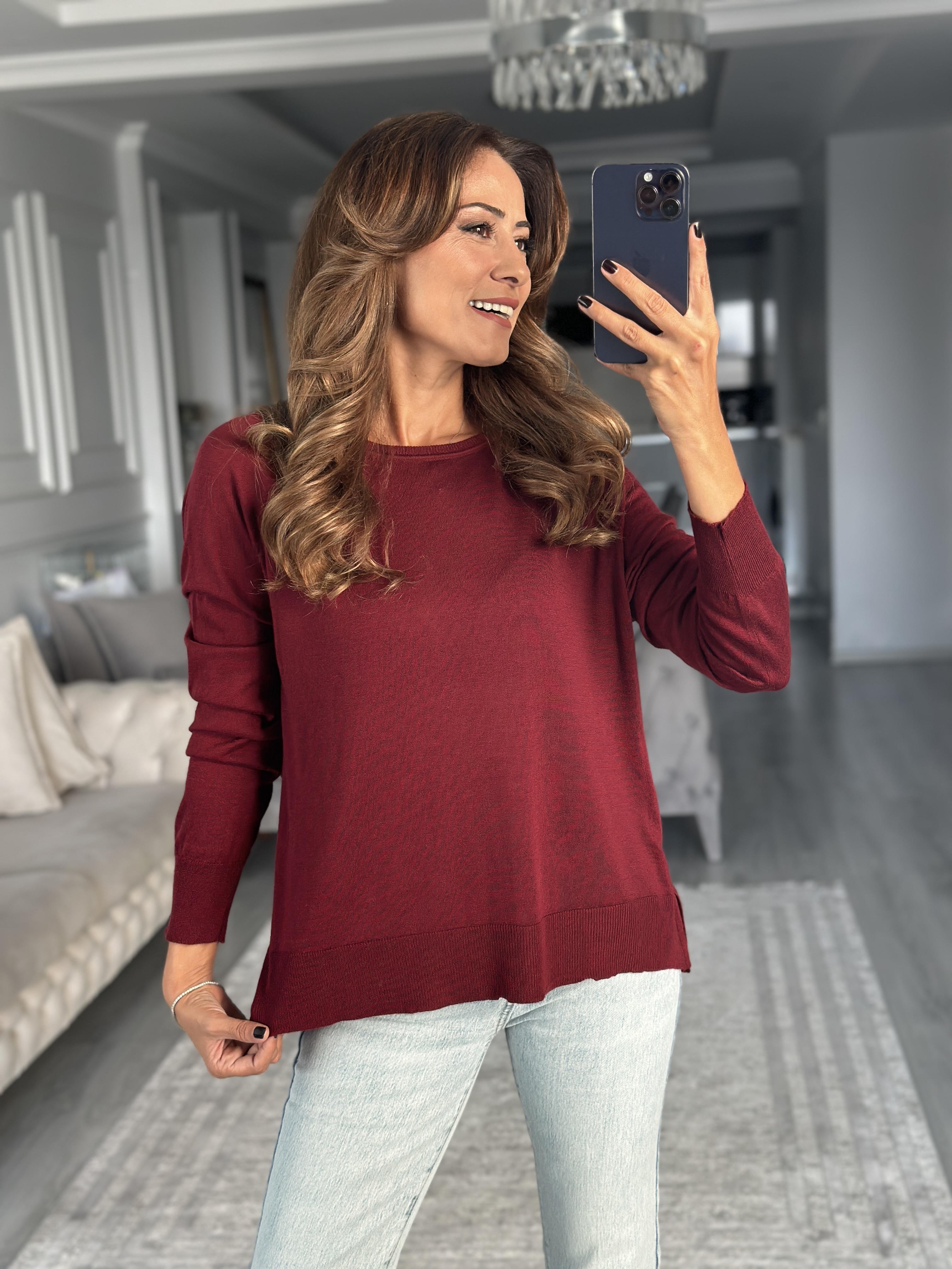 Bordo Bisiklet Yaka Basic İnce Merserize Kadın Kazak