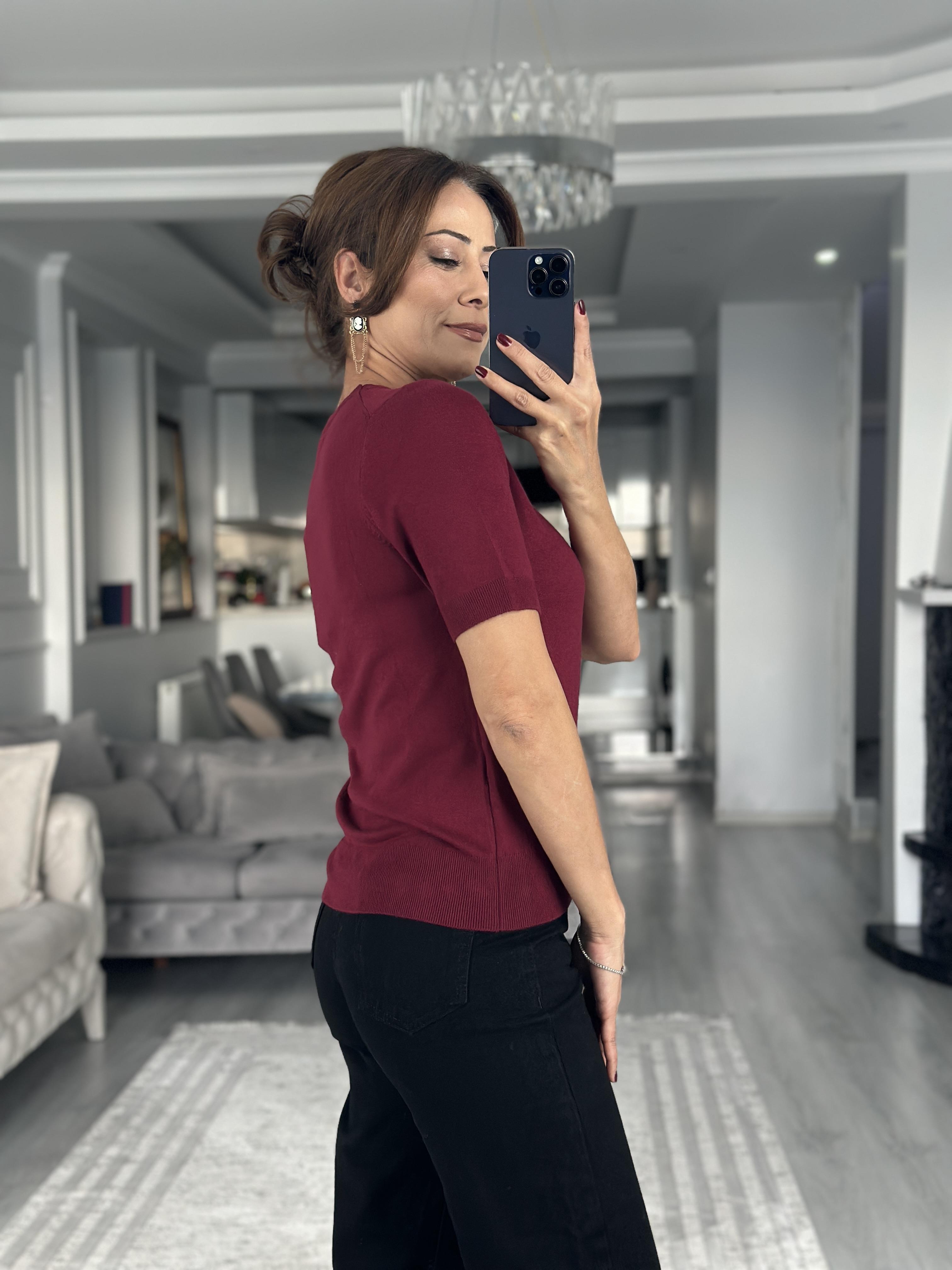 Bordo Bisiklet Yaka Kısa Kol Basic Kadın Triko Bluz