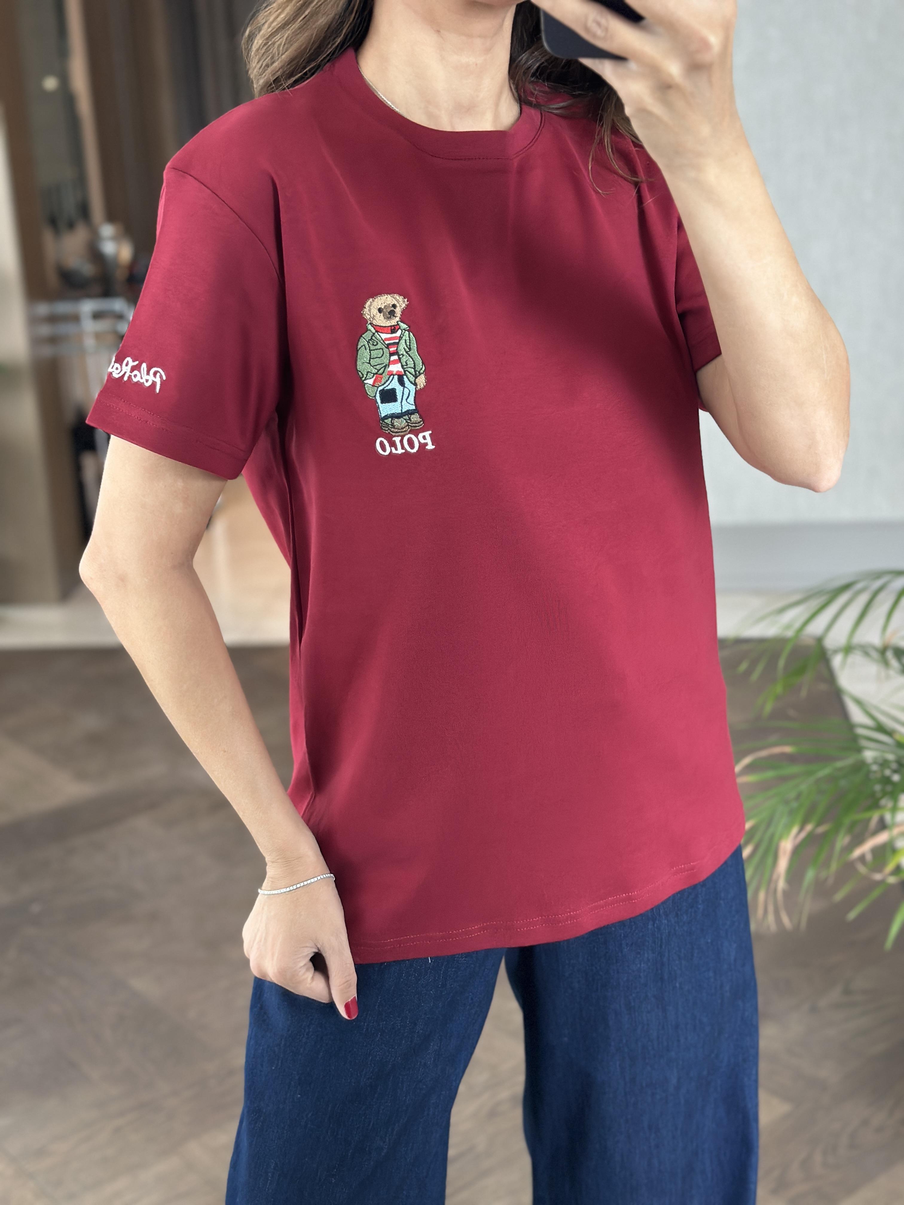 Bordo Bisiklet Yaka Kol Ucu Yazı Nakışlı  Ayıcık Kadın T-Shirt 