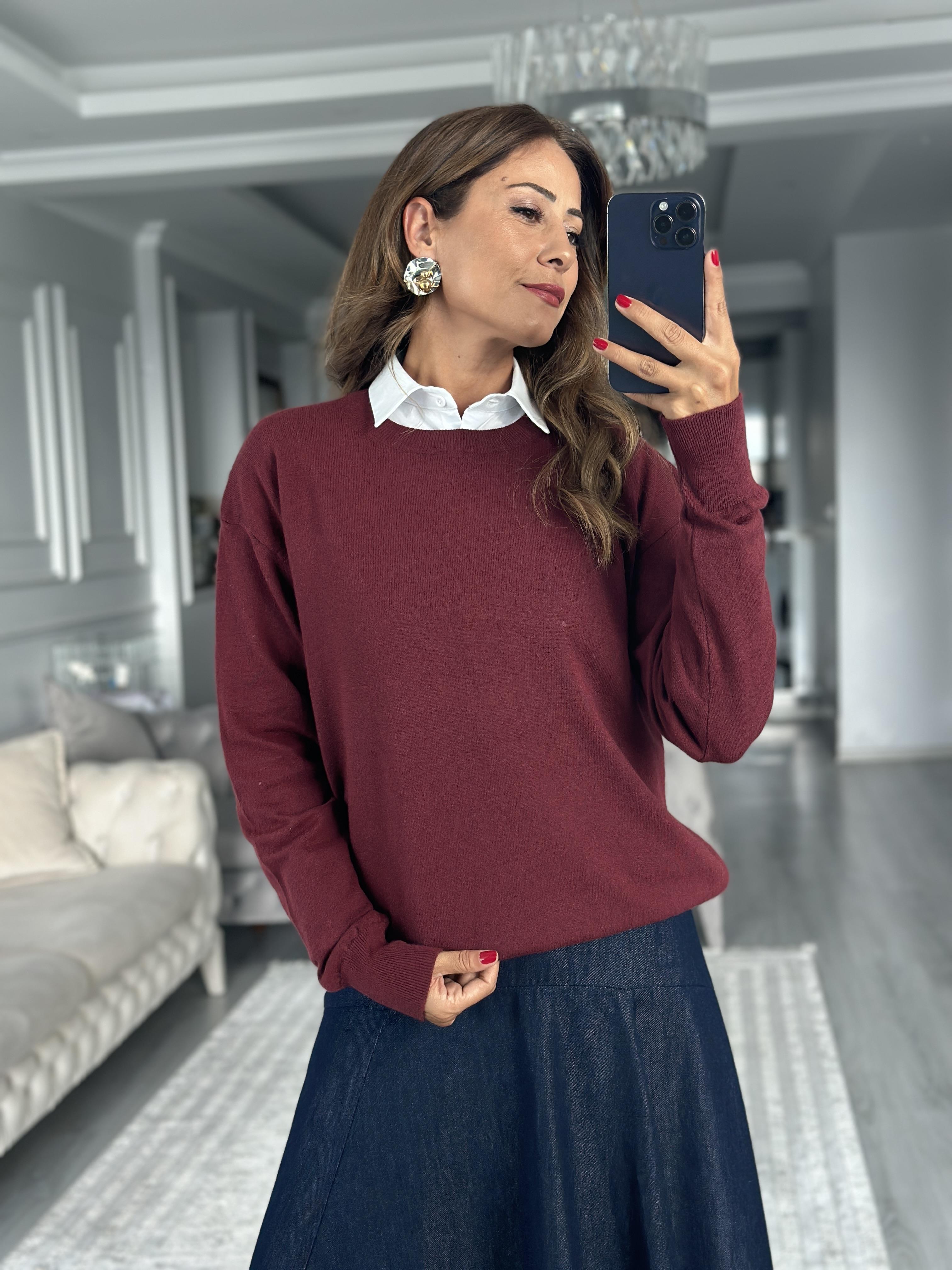 Bordo Bisiklet Yaka Yünlü Basic Kadın Triko Kazak