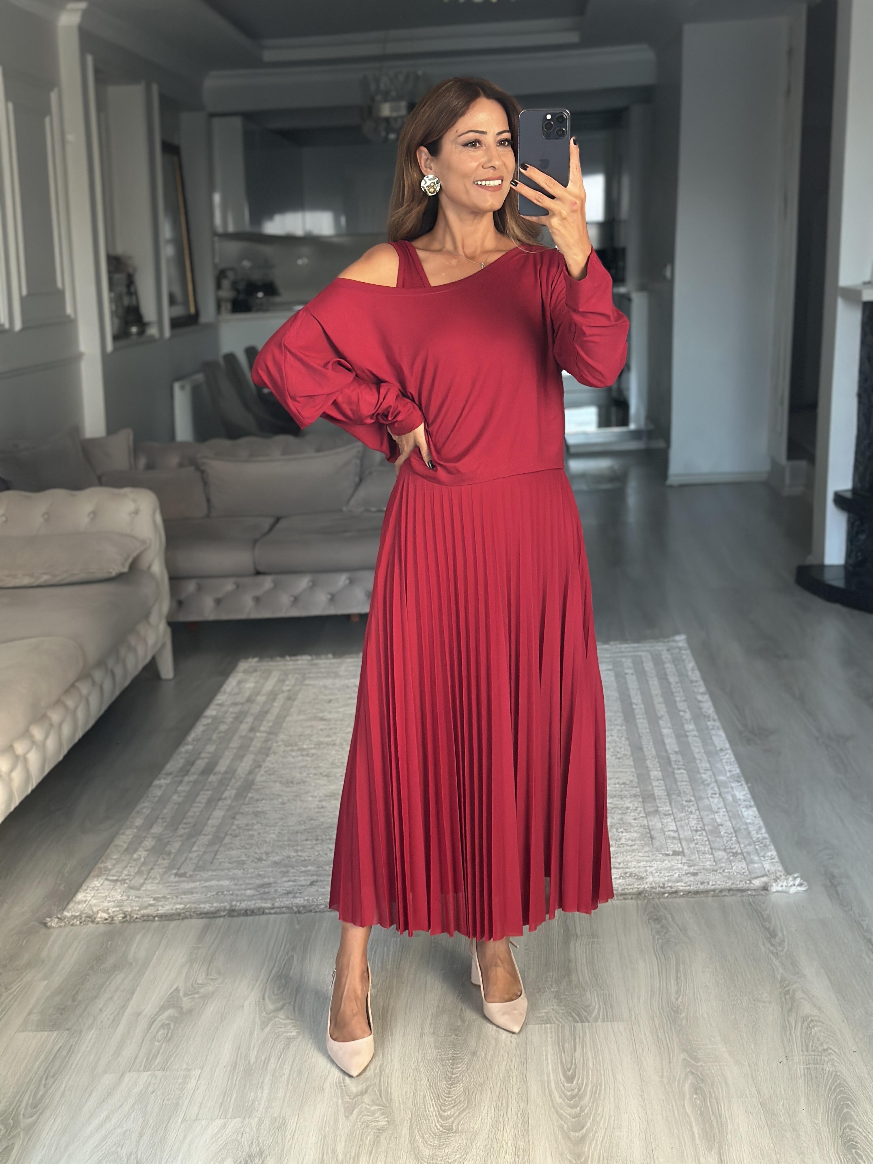 Bordo Bluzlu Piliseli Midi Boy Kadın İkili Elbise