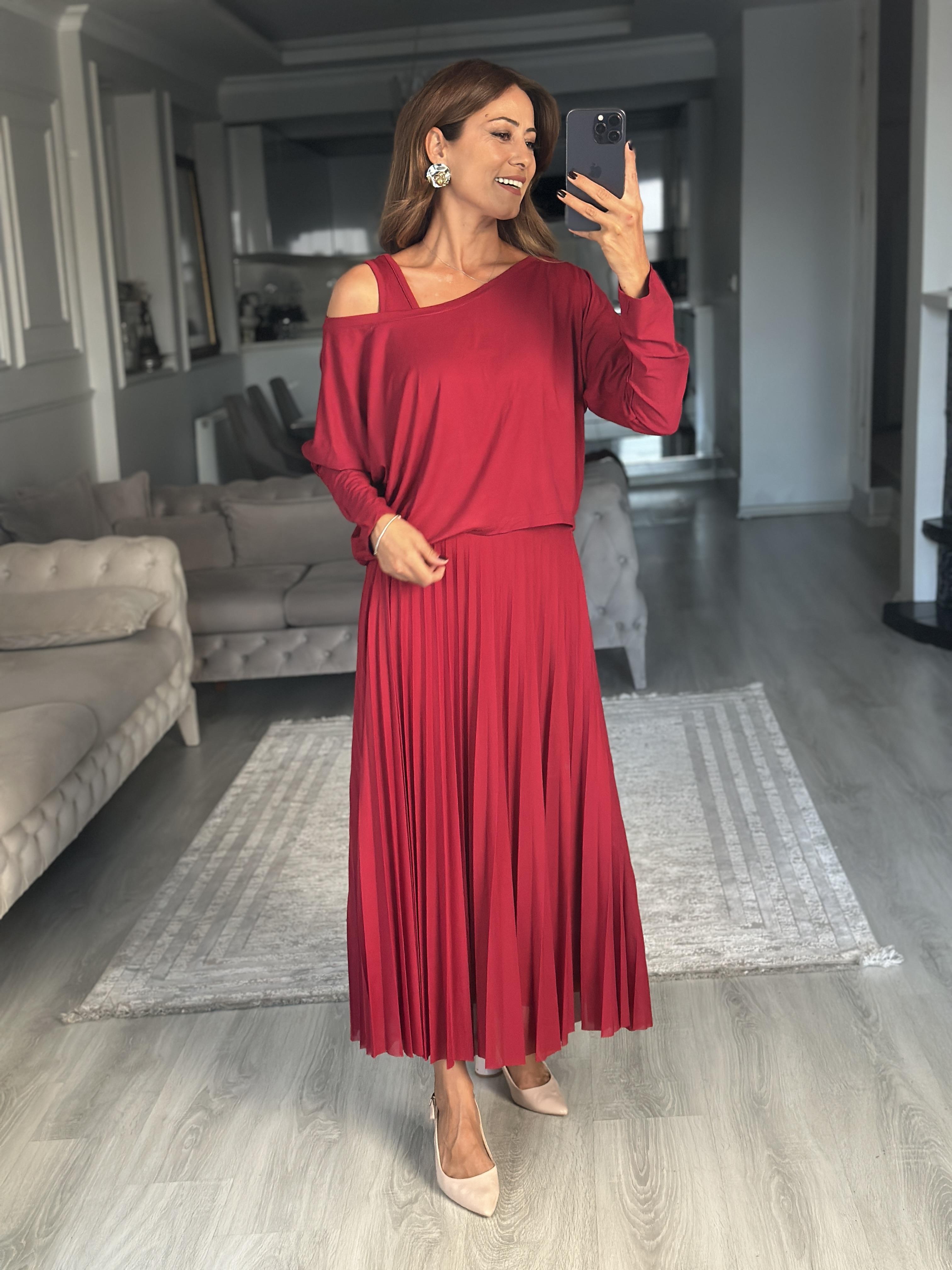 Bordo Bluzlu Piliseli Midi Boy Kadın İkili Elbise