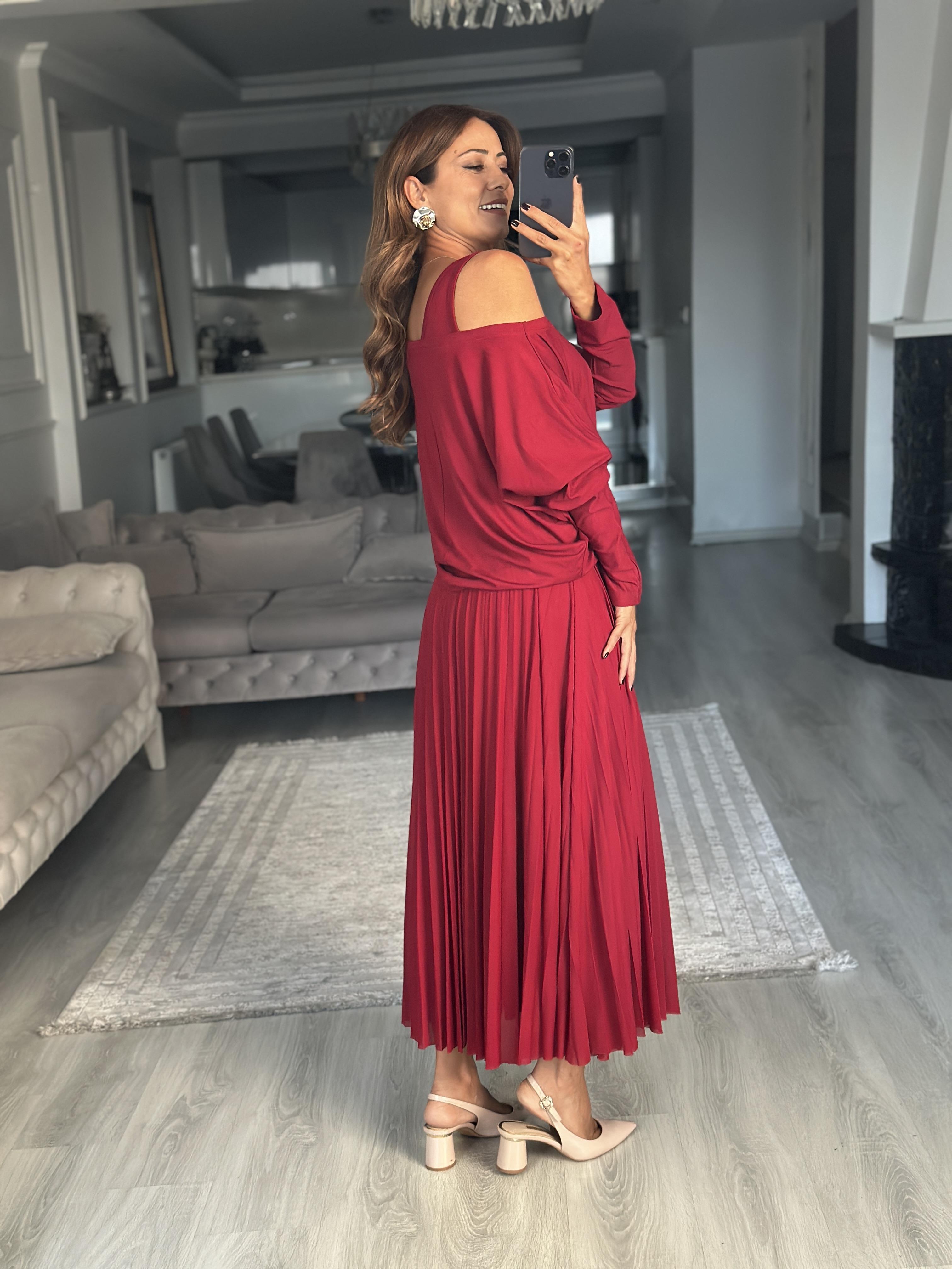 Bordo Bluzlu Piliseli Midi Boy Kadın İkili Elbise