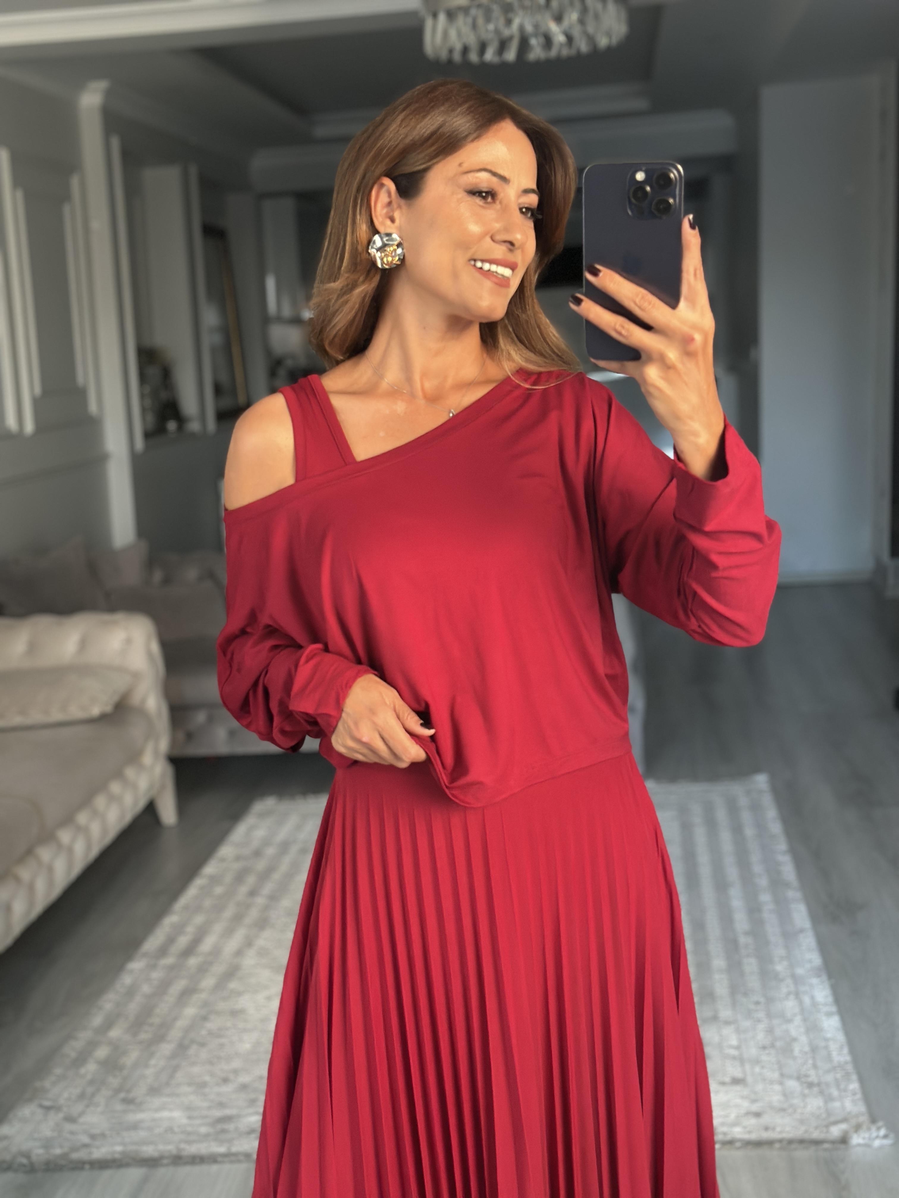 Bordo Bluzlu Piliseli Midi Boy Kadın İkili Elbise