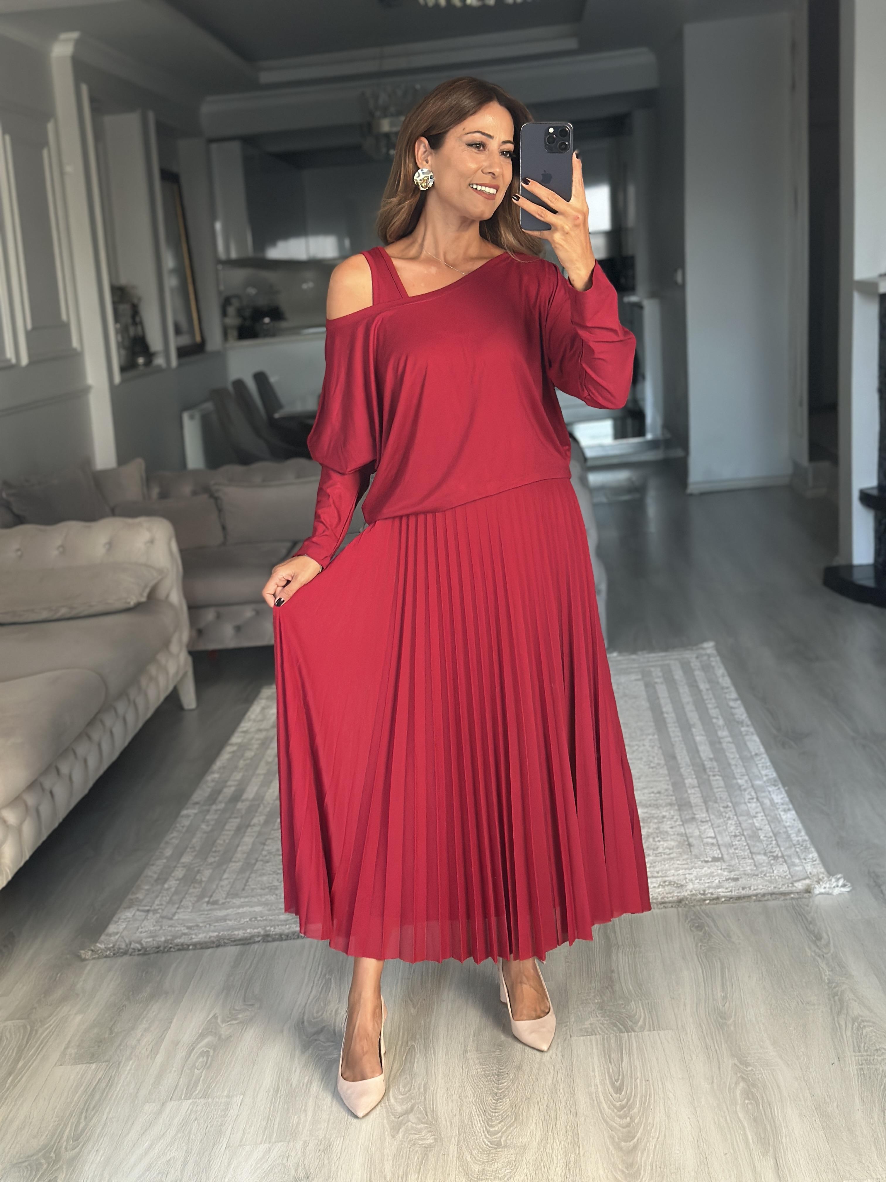 Bordo Bluzlu Piliseli Midi Boy Kadın İkili Elbise