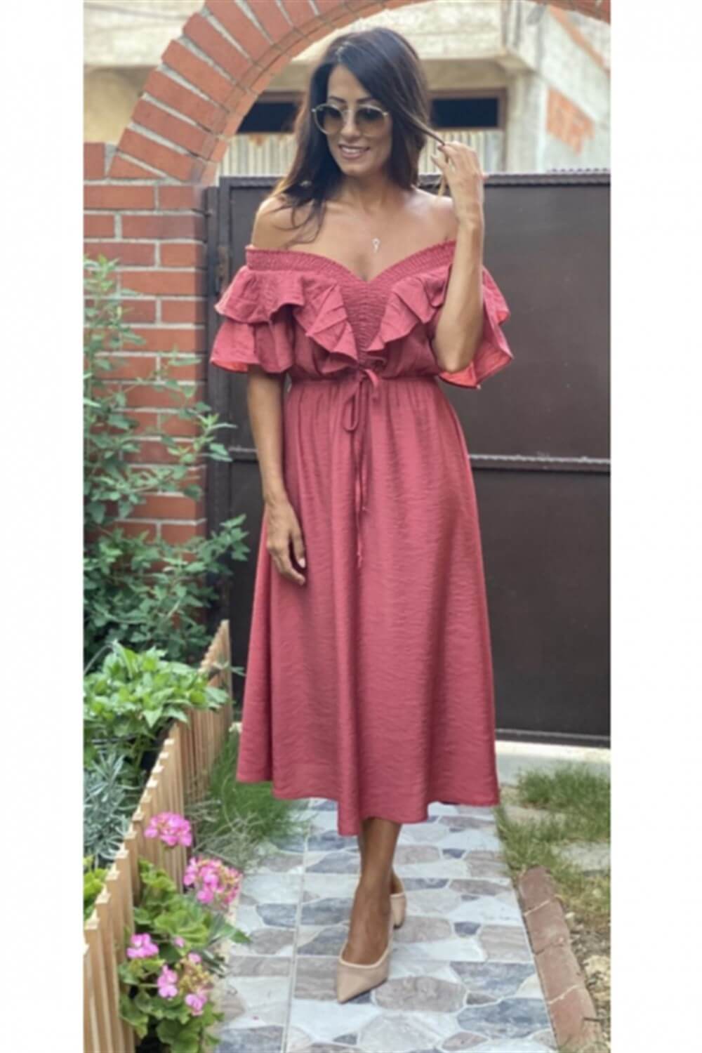 Bordo Carmen Yaka Elbise
