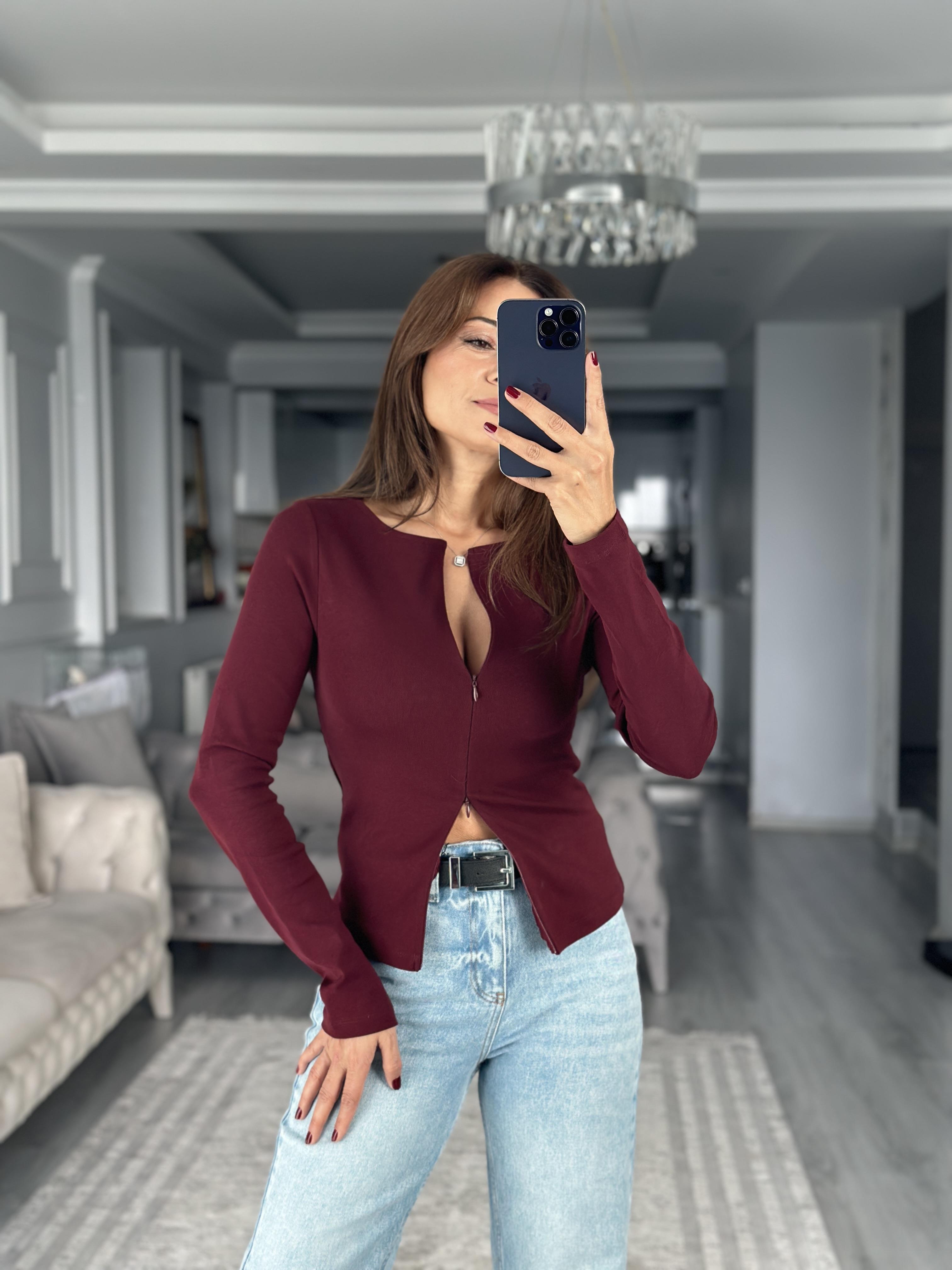 Bordo Çift Taraf Fermuarlı Uzun Kollu Kadın Body 