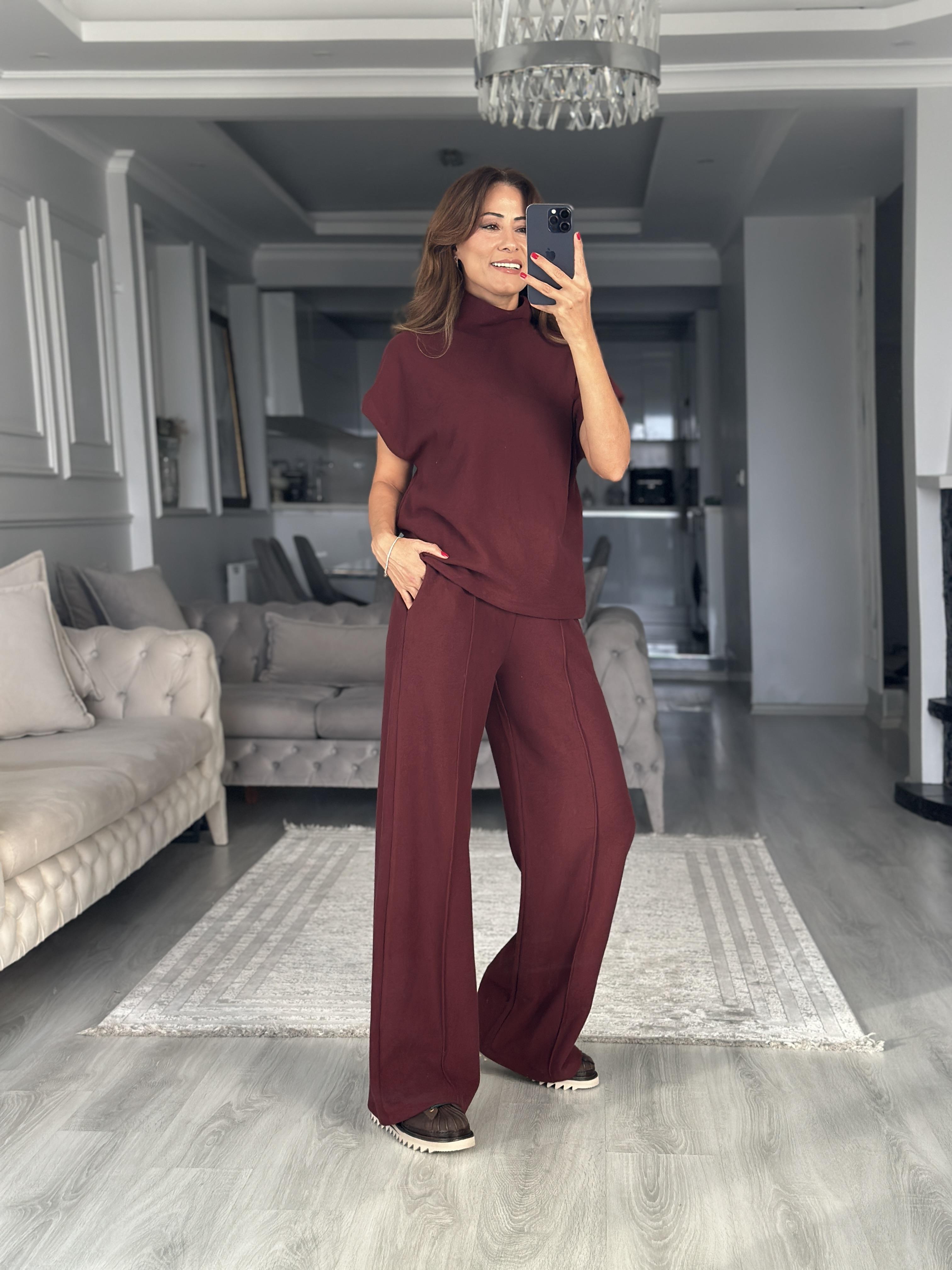 Bordo Dik Yaka Kolsuz Bluz Pantolon Selanik Kadın İkili Takım