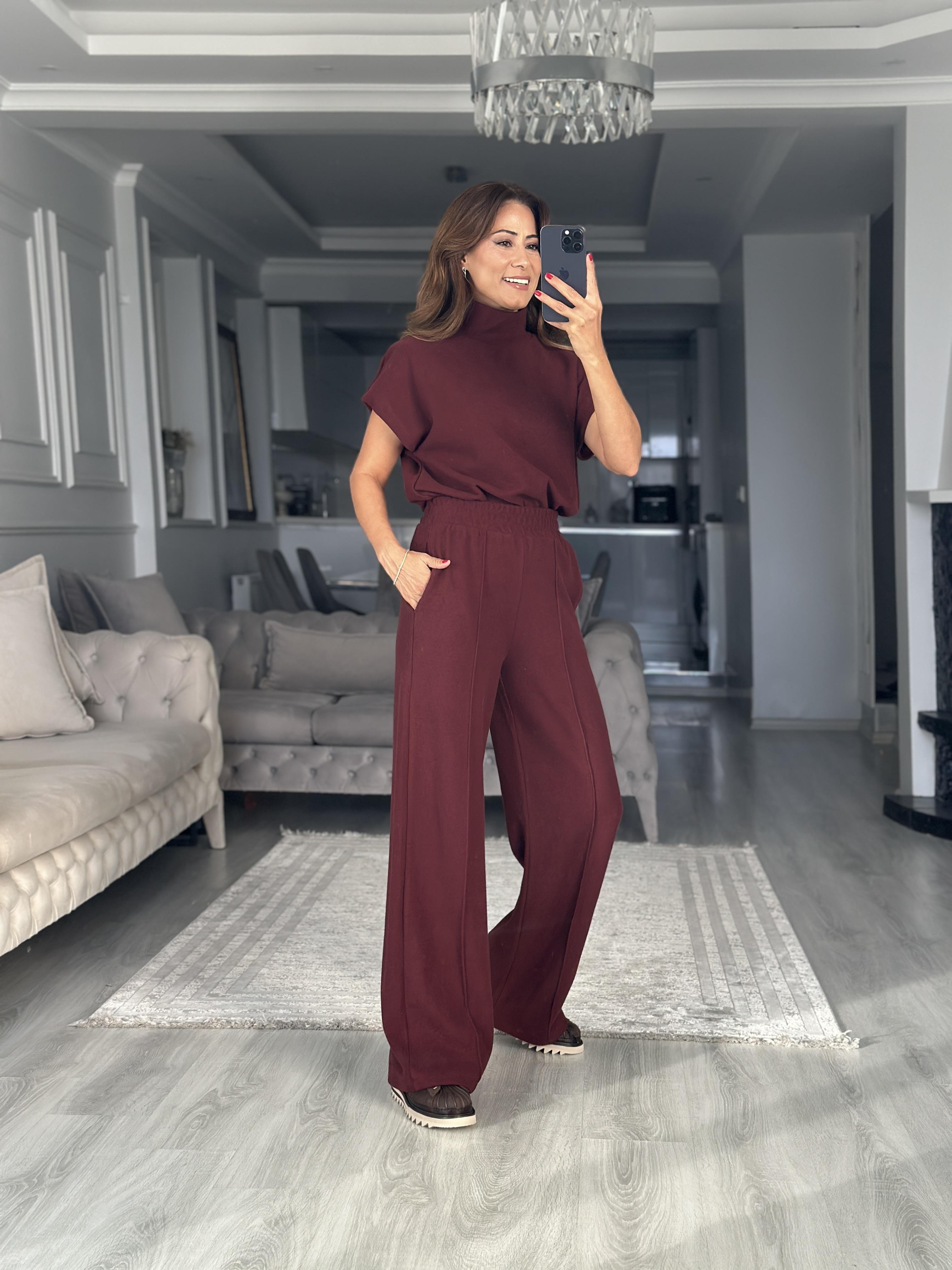 Bordo Dik Yaka Kolsuz Bluz Pantolon Selanik Kadın İkili Takım