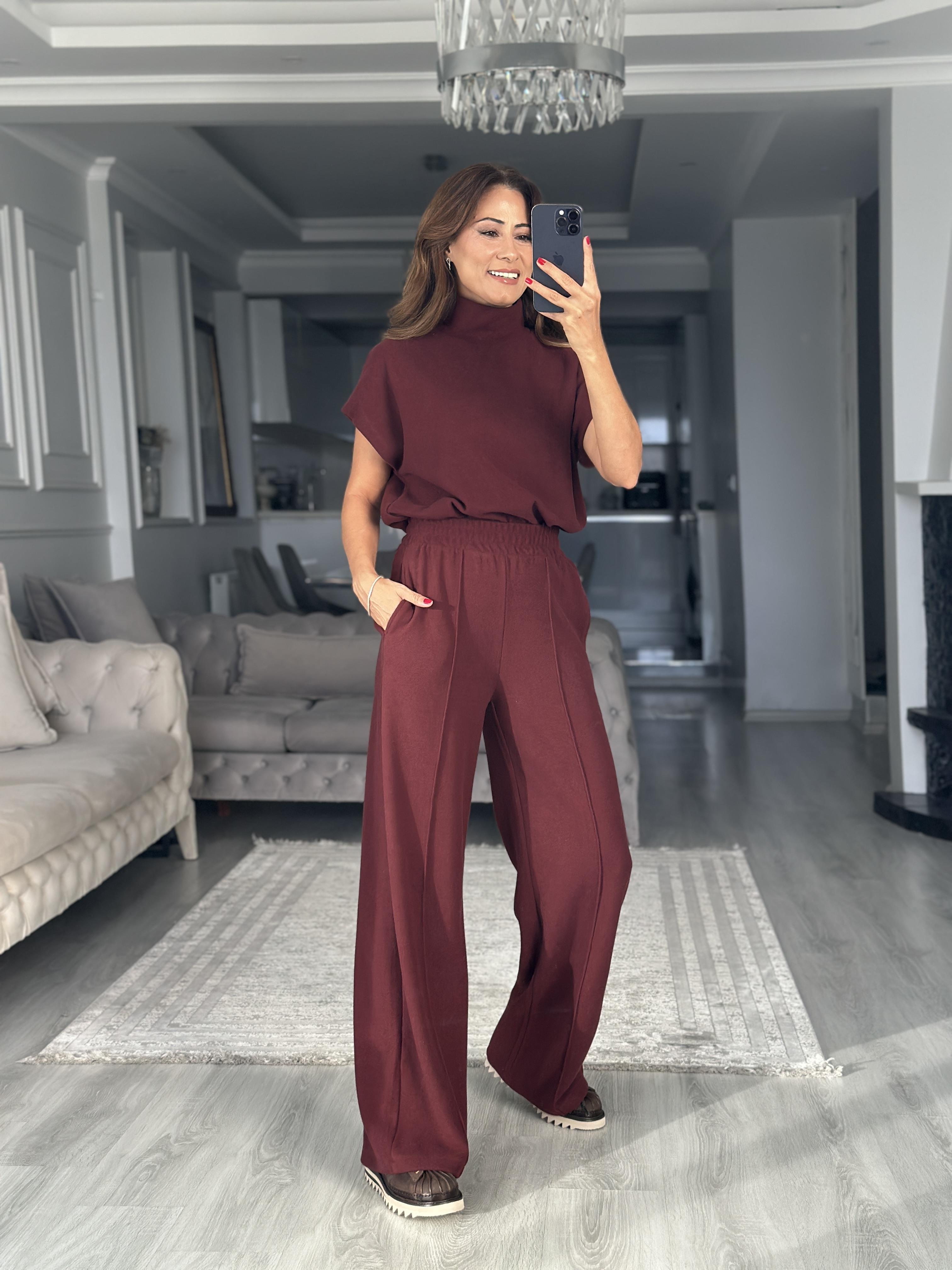 Bordo Dik Yaka Kolsuz Bluz Pantolon Selanik Kadın İkili Takım