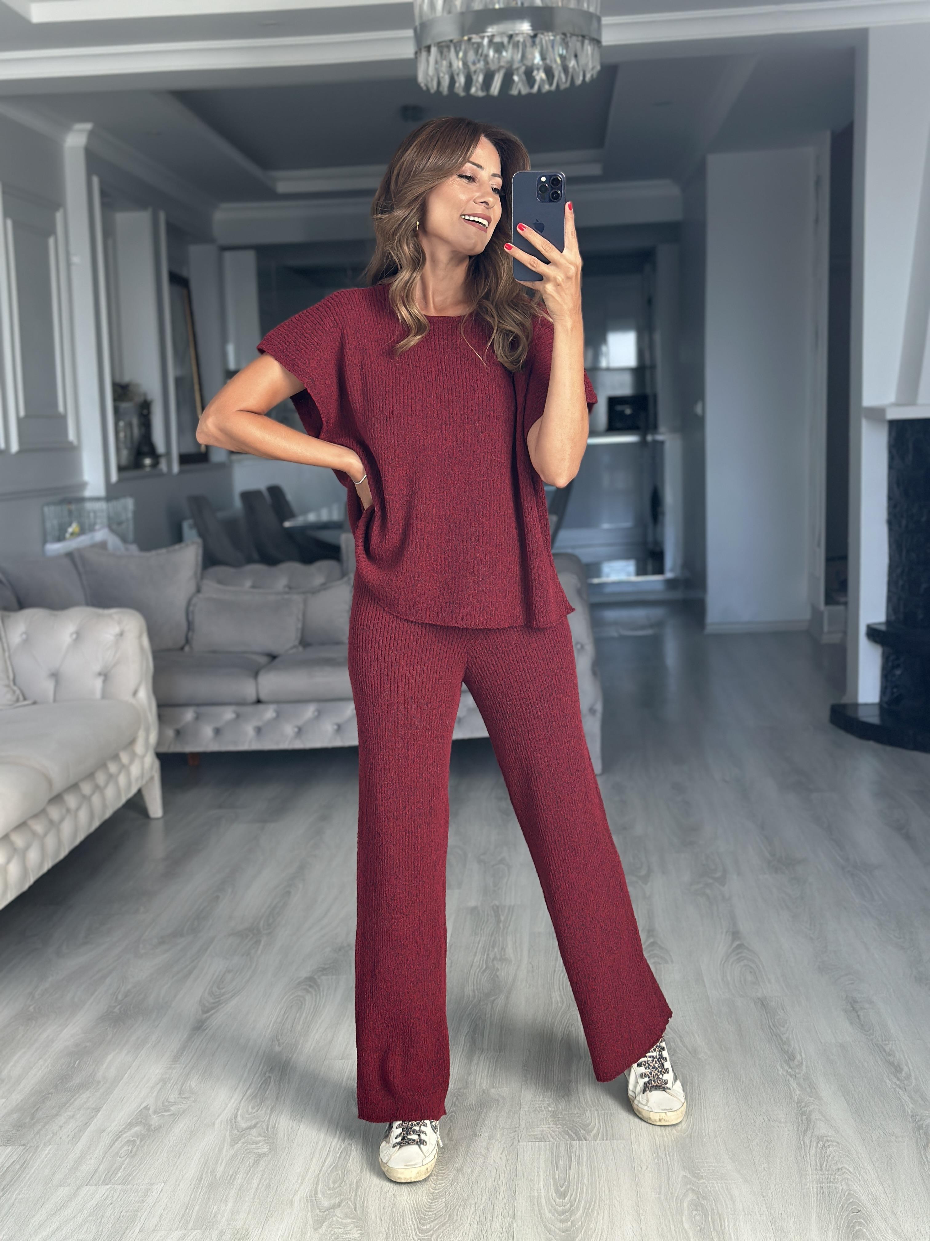 Bordo Düşük Kol Bluz Pantolon Kadın Triko İkili Takım