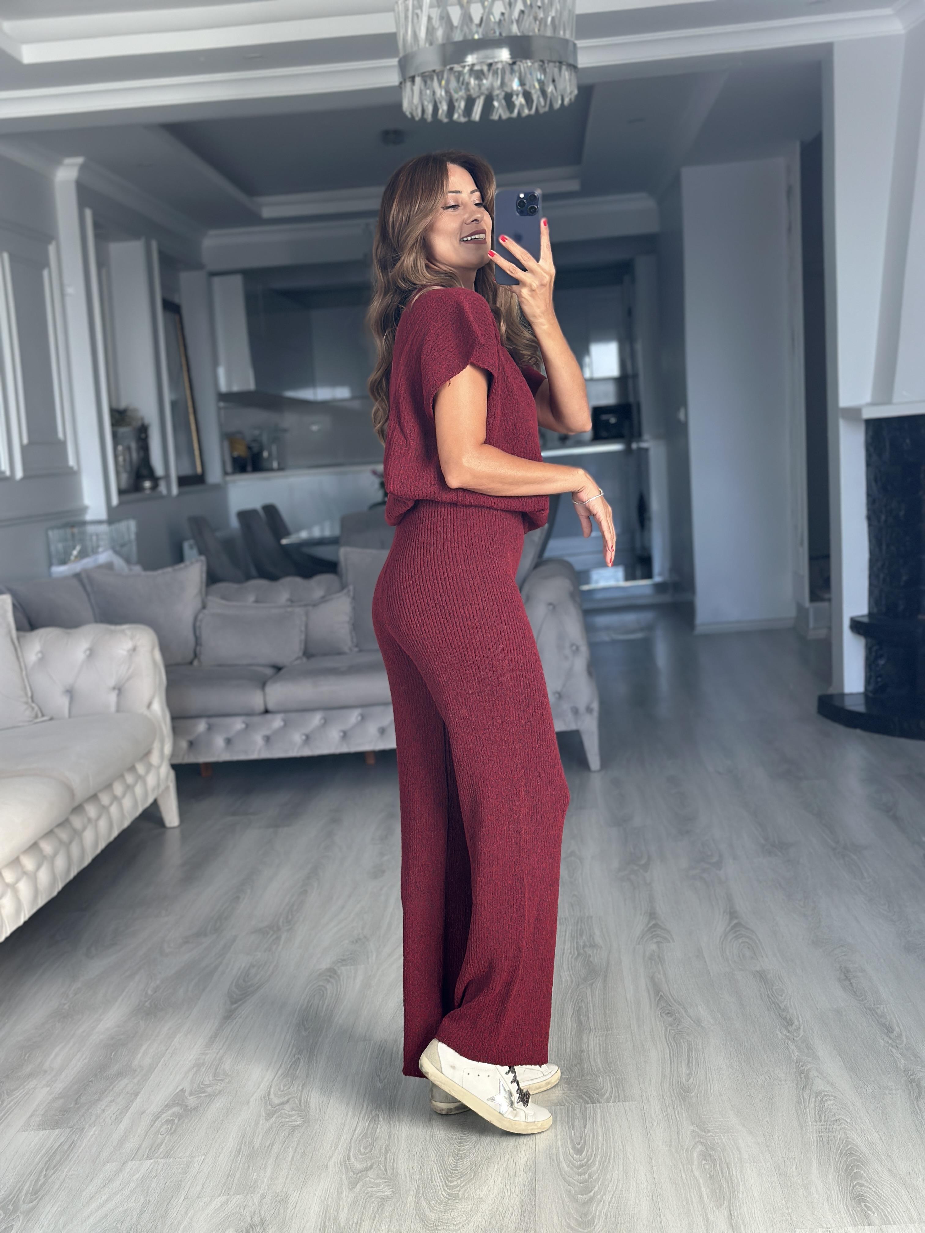 Bordo Düşük Kol Bluz Pantolon Kadın Triko İkili Takım