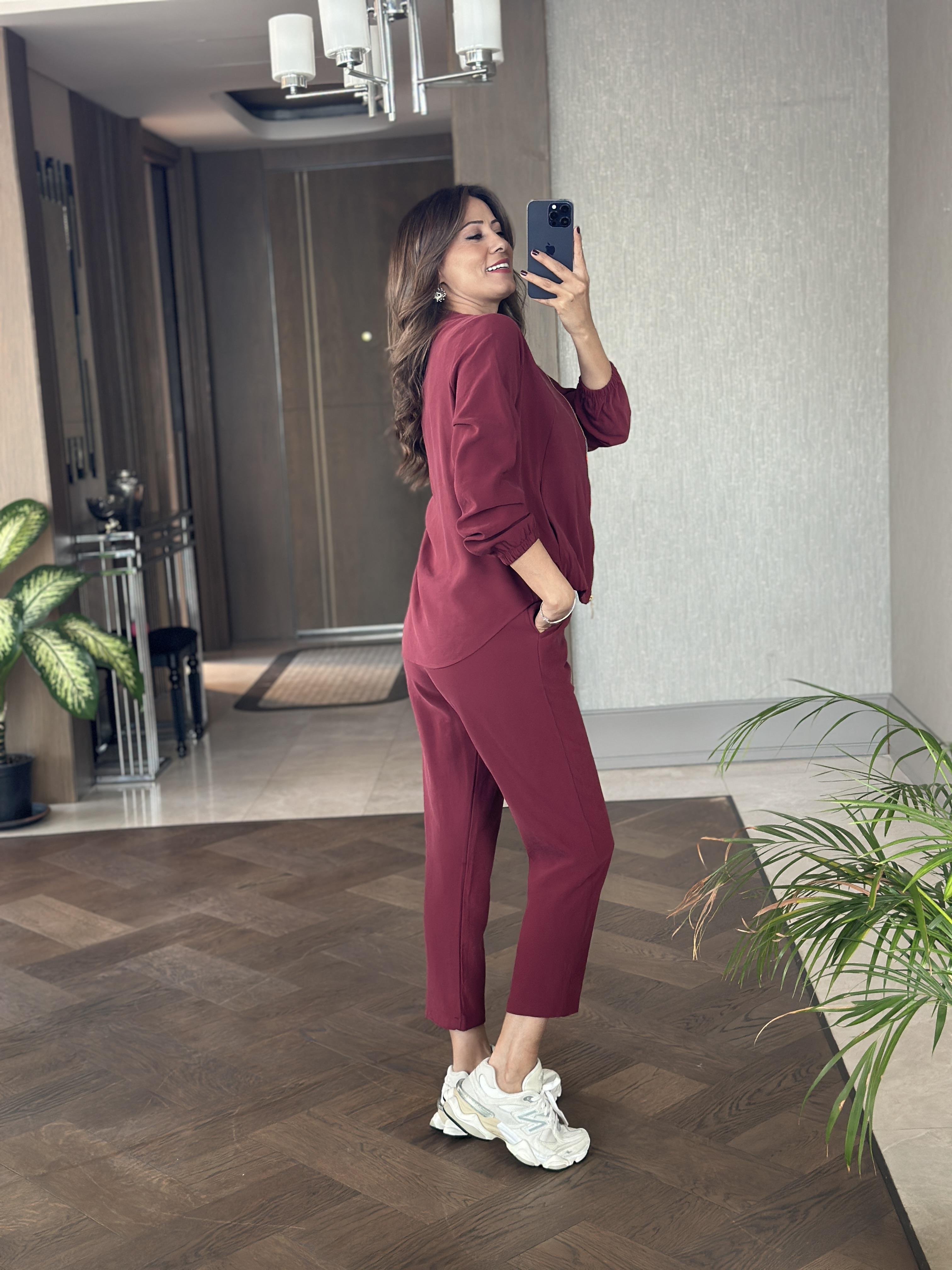 Bordo Fermuarlı Ceket Pantolon Kadın Alt Üst Takım